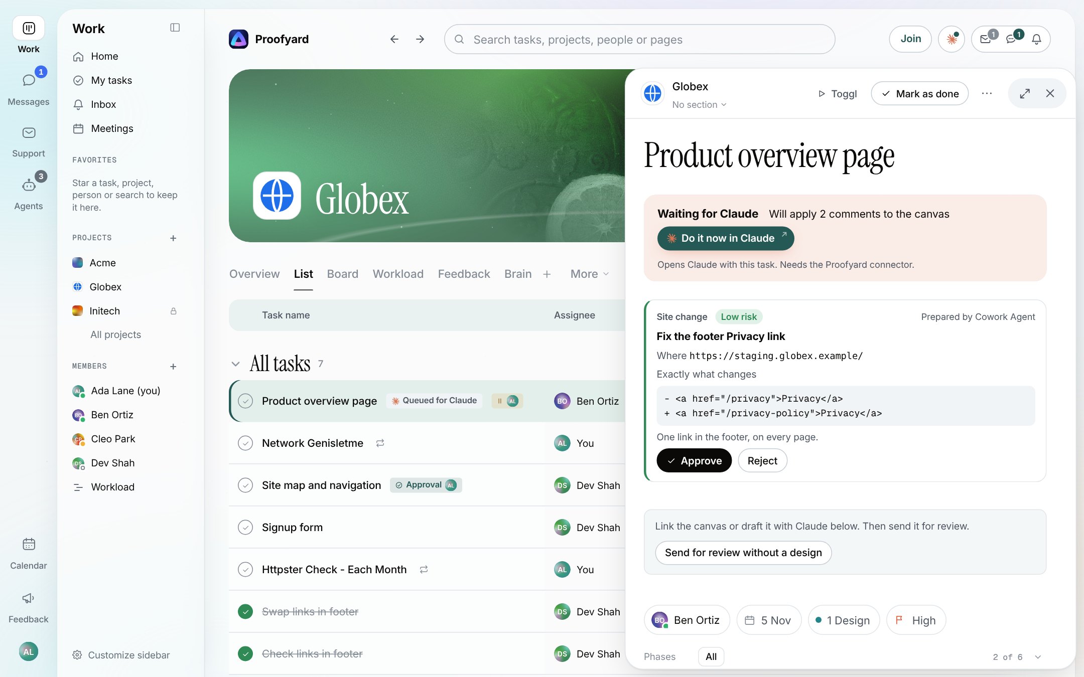 A task in a production board with a card from the Cowork Agent: a low-risk site change, Fix the footer Privacy link, showing the staging address, the exact line of HTML that changes, and Approve and Reject buttons
