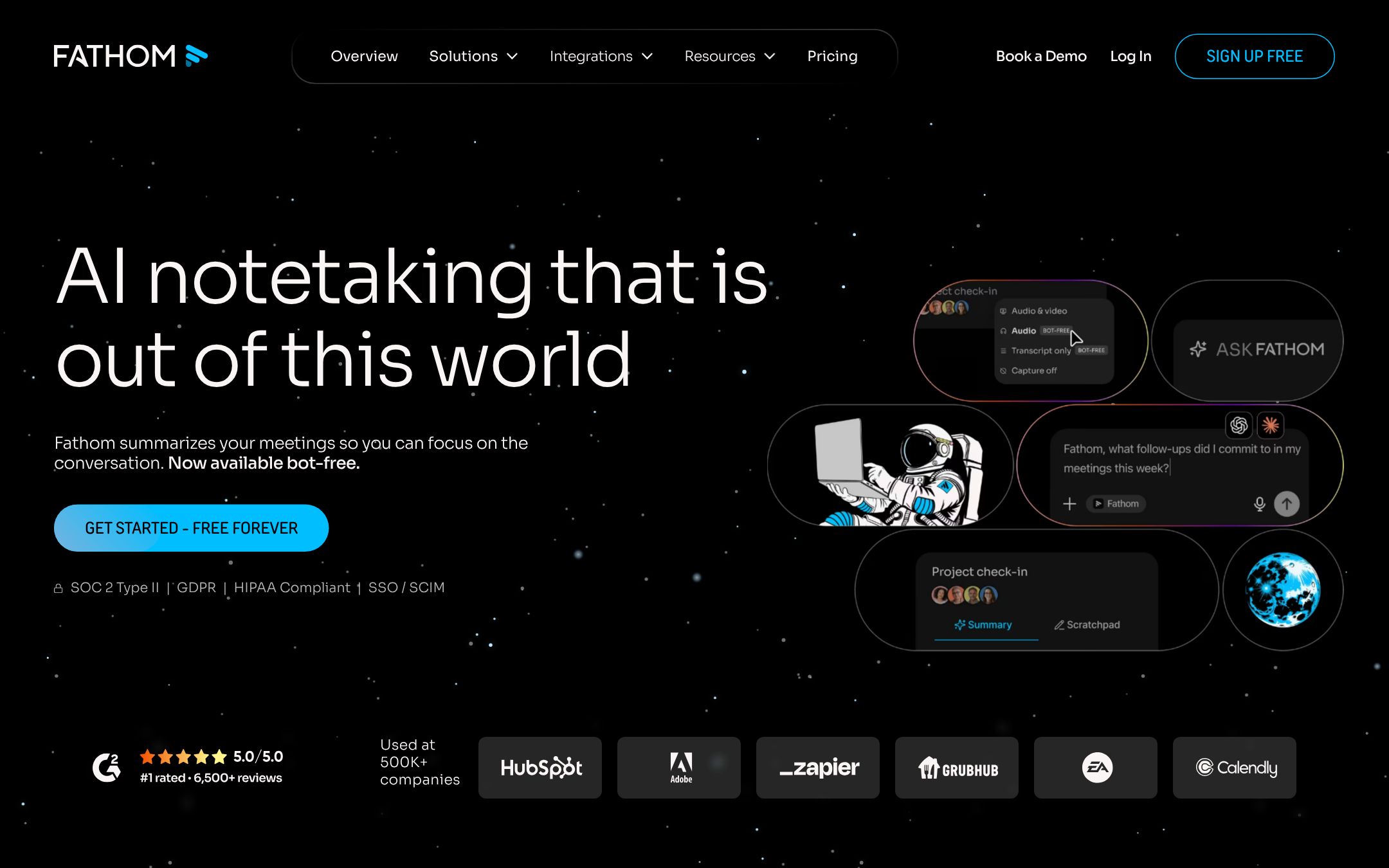 Fathom's home page: the headline AI notetaking that is out of this world, with parts of the app around it: a menu to record with or without a bot, an Ask Fathom box and a meeting summary