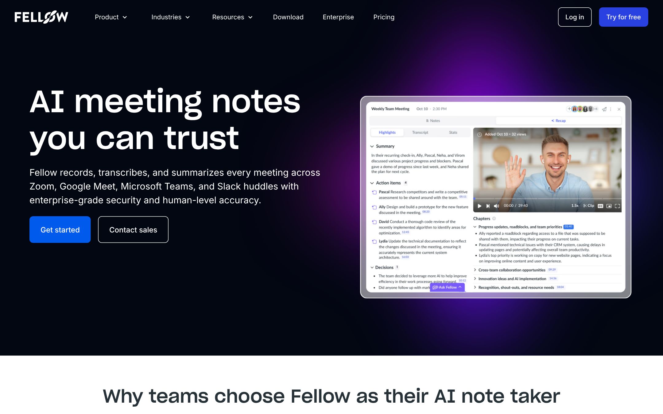 Fellow's AI meeting notes page: a weekly team meeting recap with a summary, four action items with owners, decisions and chapters