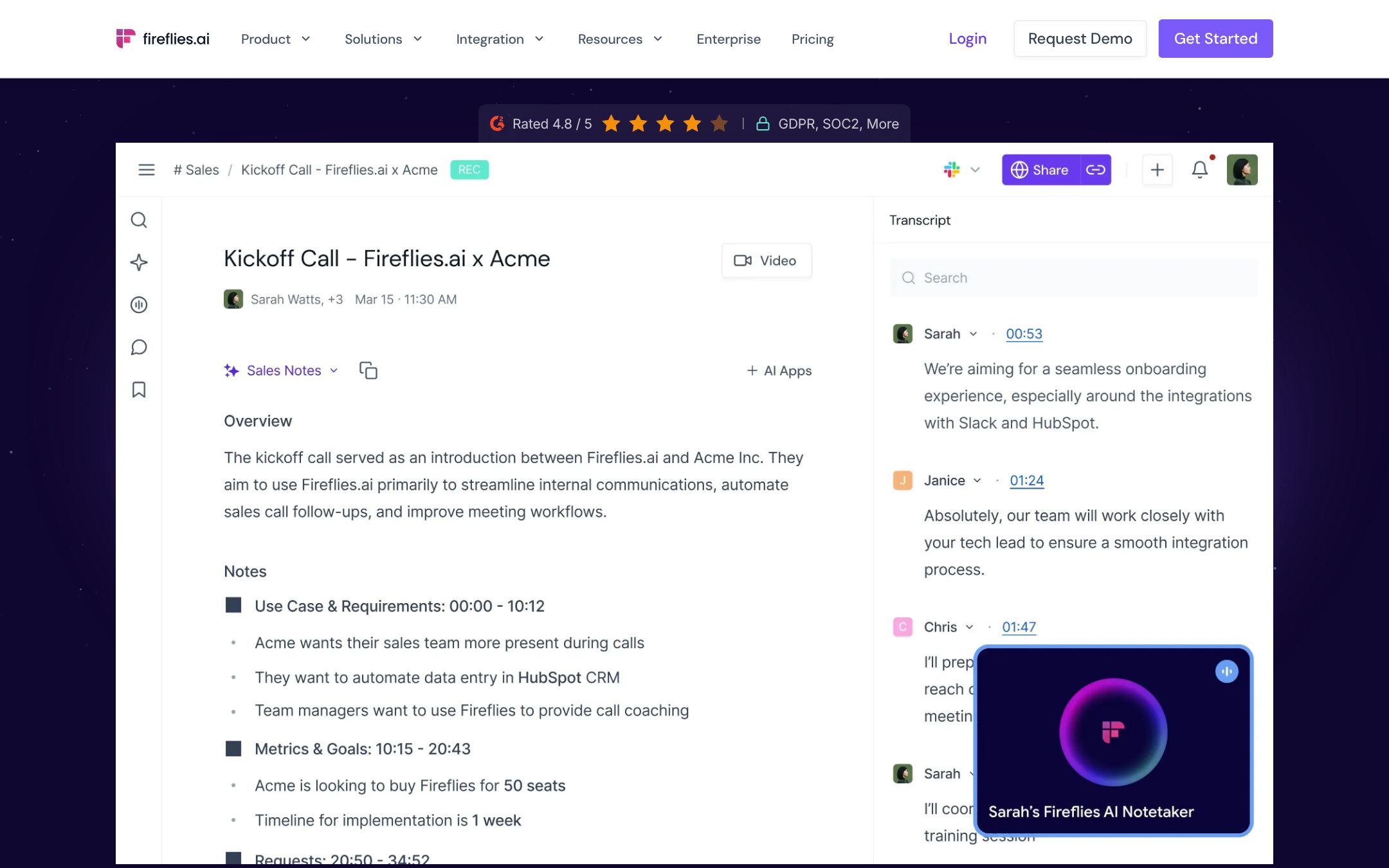 Fireflies' home page: the notes of a kickoff call with an overview, timestamped notes, the transcript and the Fireflies Notetaker in the call
