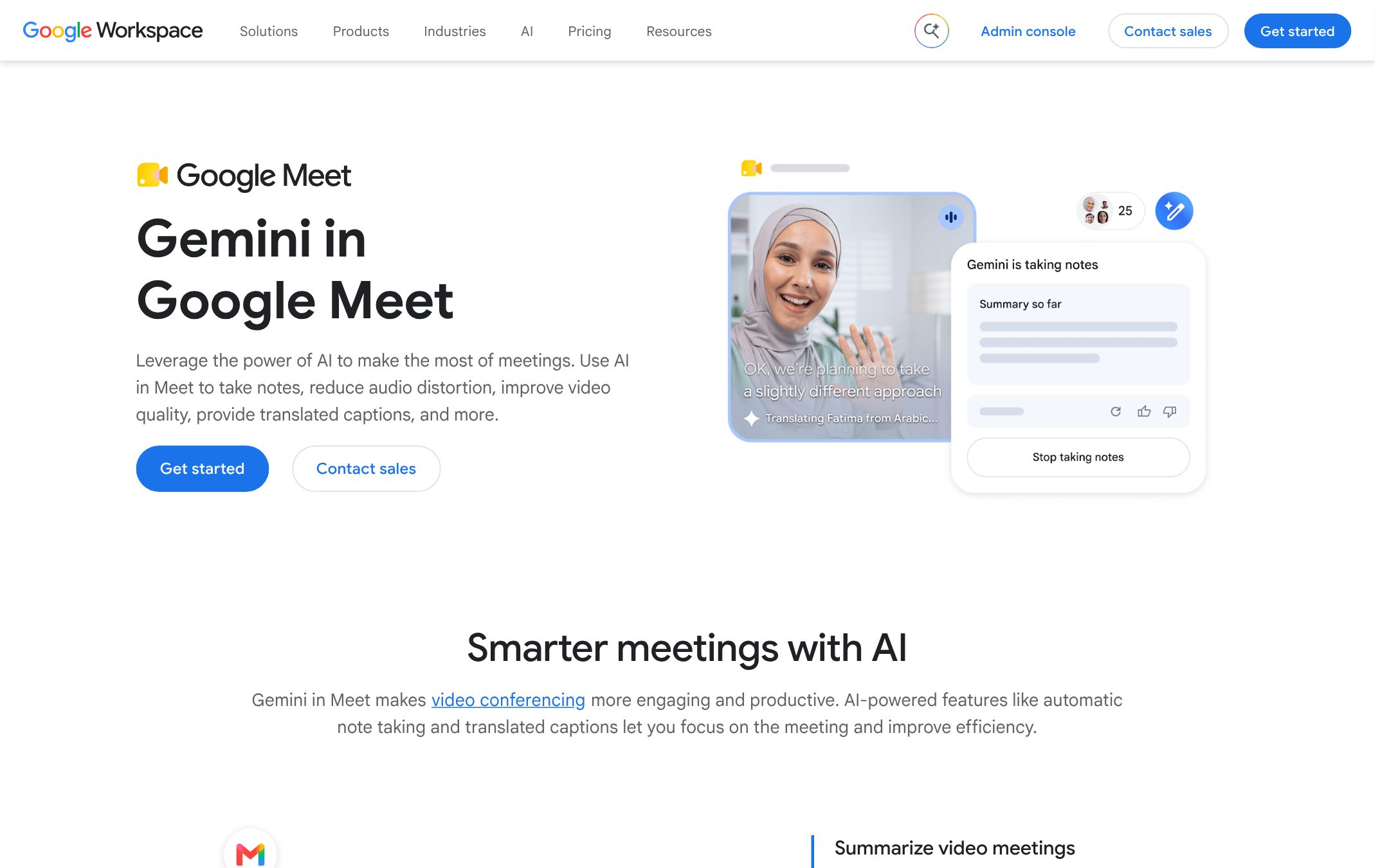 Google's AI for meetings page: a Meet call with translated captions and a Gemini panel taking notes, with a summary so far
