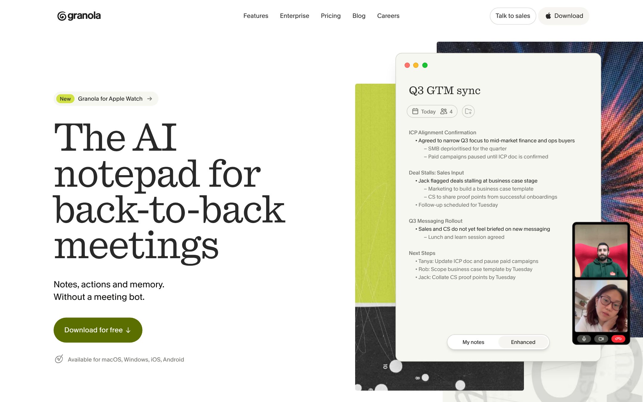 Granola's home page: notes from a Q3 sync grouped by topic, with next steps and their owners, beside a video call