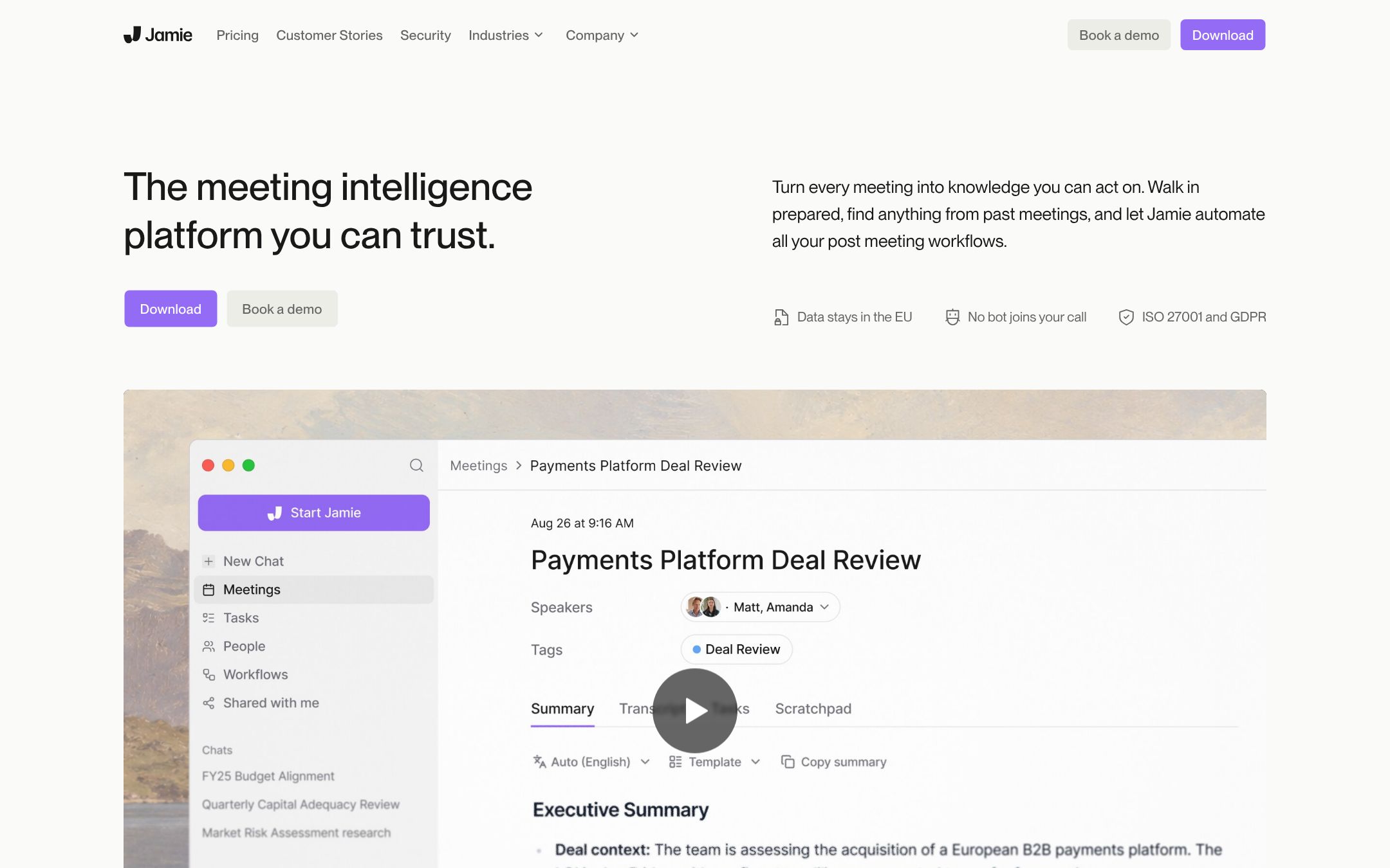 Jamie's home page: a deal review meeting with speakers, tags and an executive summary, and the badges Data stays in the EU and No bot joins your call