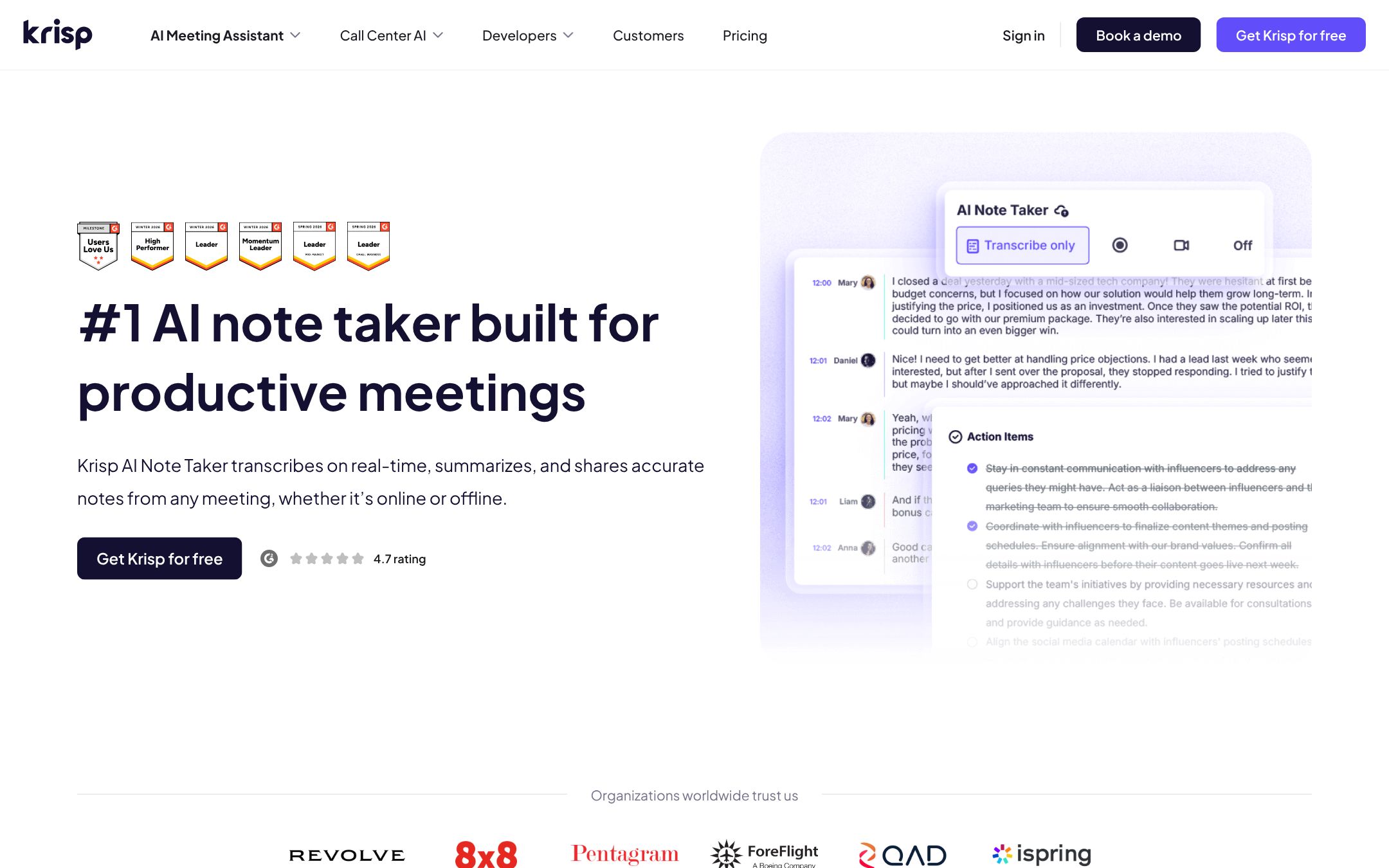 Krisp's AI note taker page: a live transcript and a list of action items in the Krisp panel