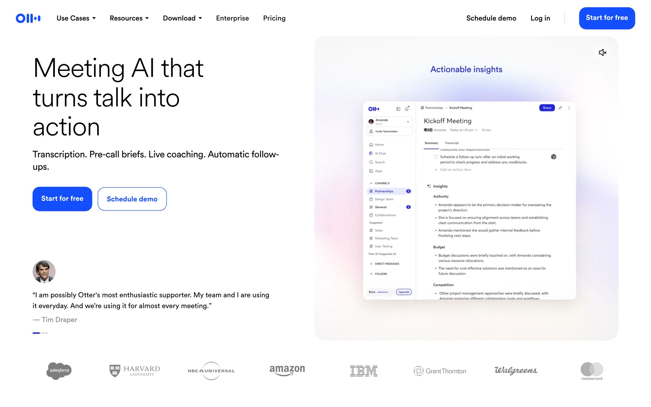 Otter's home page: the headline Meeting AI that turns talk into action, with a kickoff meeting's summary, an action item and insights