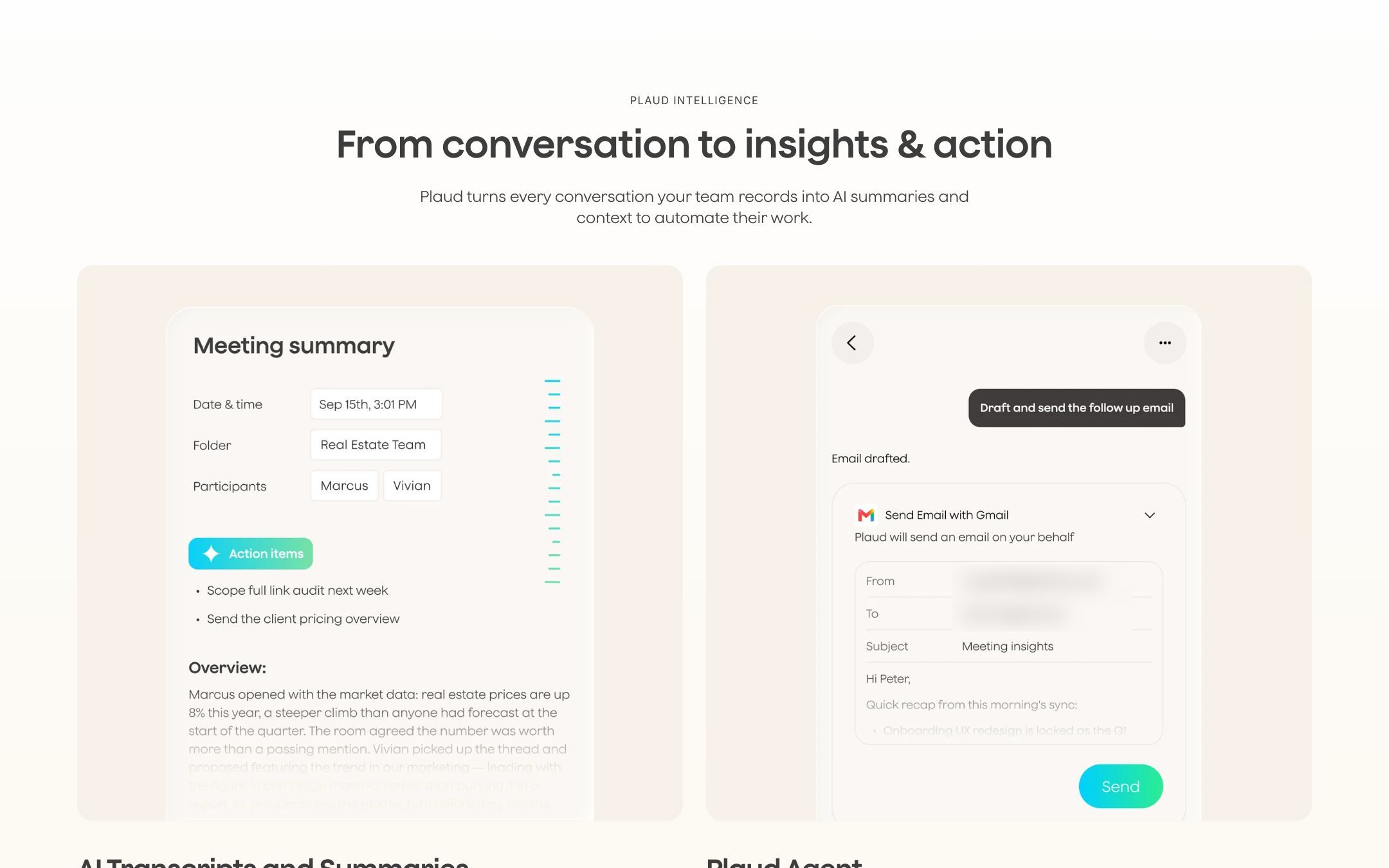 A section of Plaud's page for teams: a meeting summary with action items, and Plaud drafting a follow-up email in Gmail; the email addresses are blurred by us