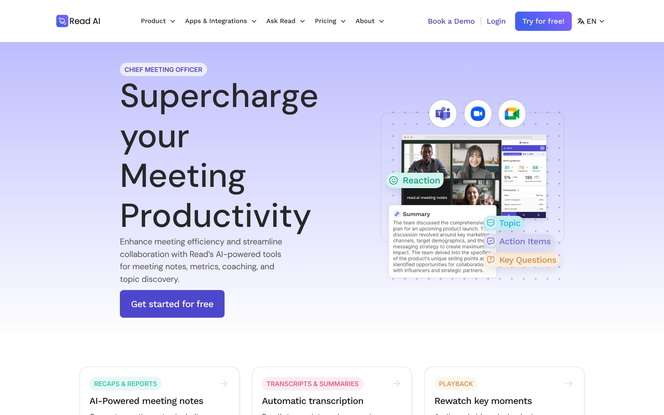 Read AI's meetings page: a video call with meeting metrics and a summary card tagged topic, action items and key questions