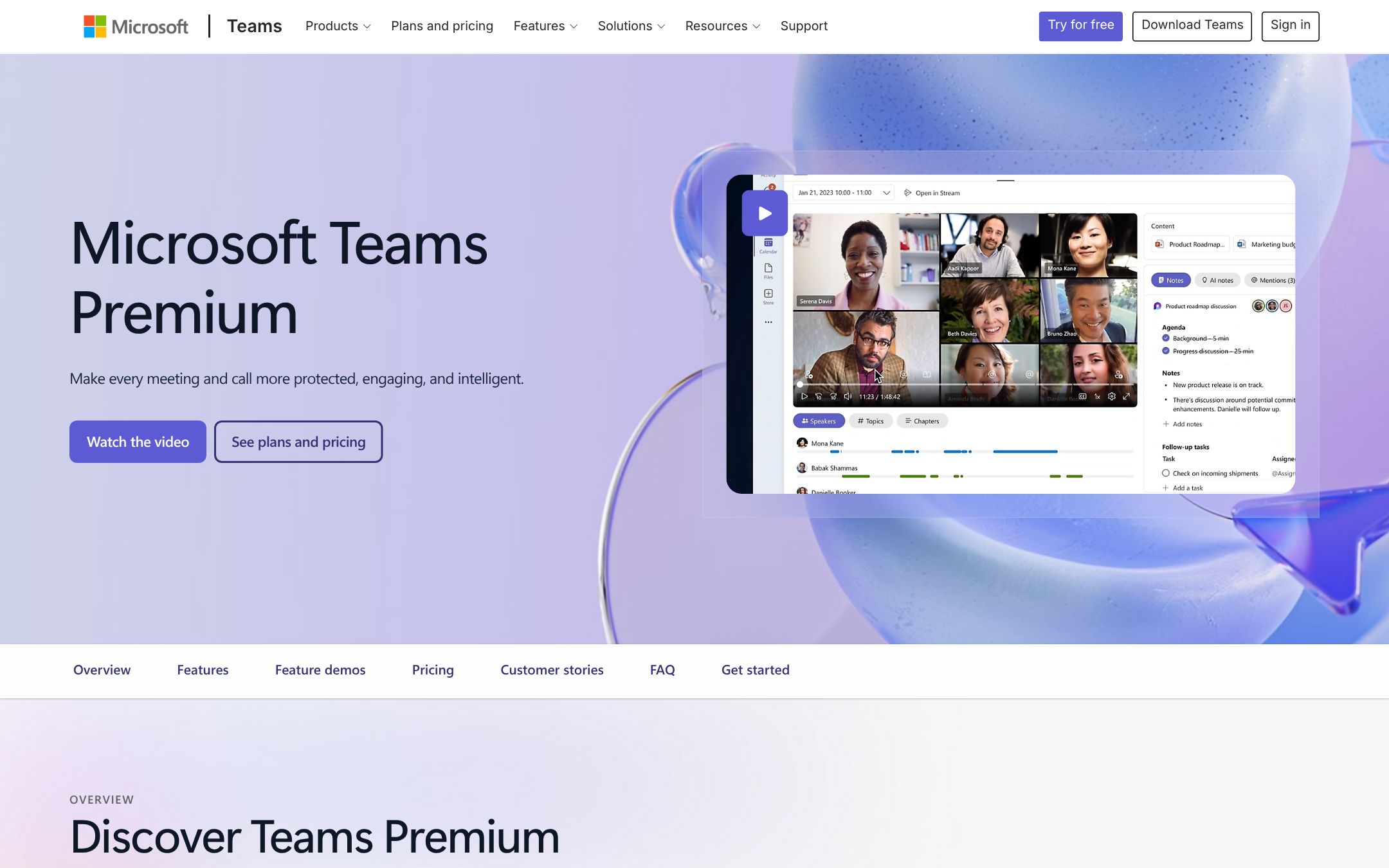 Microsoft's Teams Premium page: a meeting recap with the recording, a speaker timeline, AI notes and follow-up tasks
