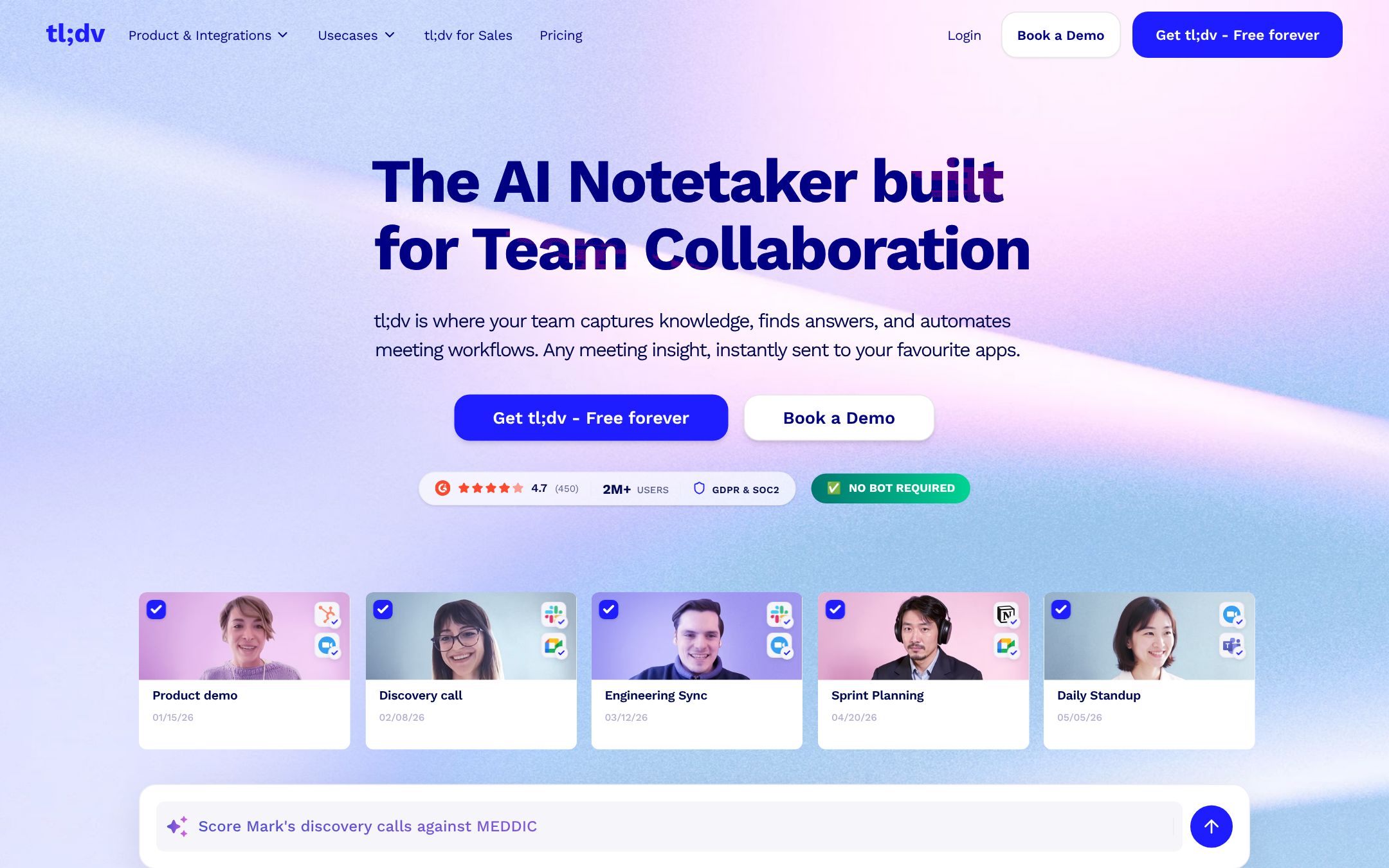 tl;dv's home page: the headline The AI Notetaker built for Team Collaboration, with meeting cards, integration badges and an AI question box