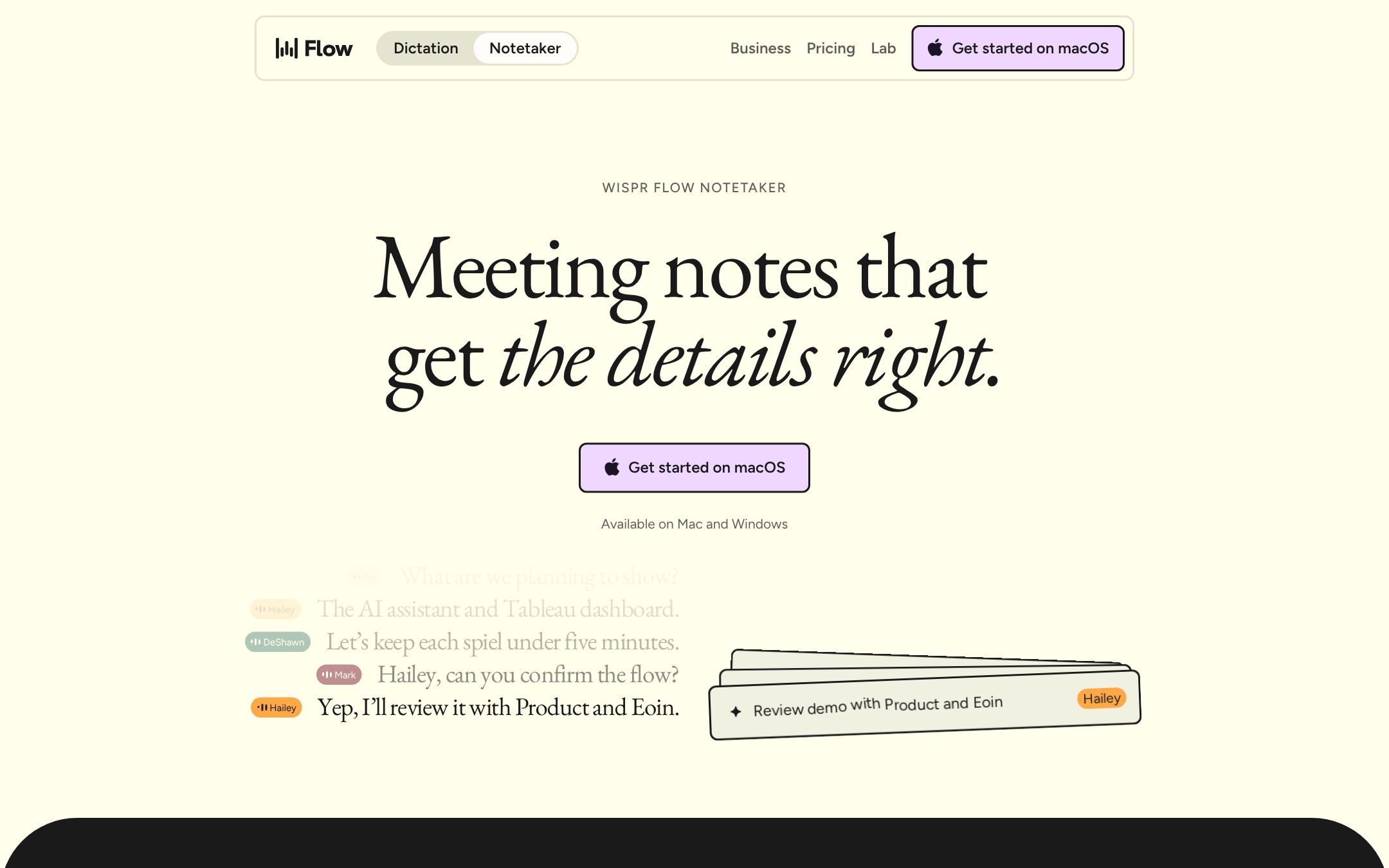 Wispr Flow's Notetaker page: transcript lines with an action item picked out and assigned to a person