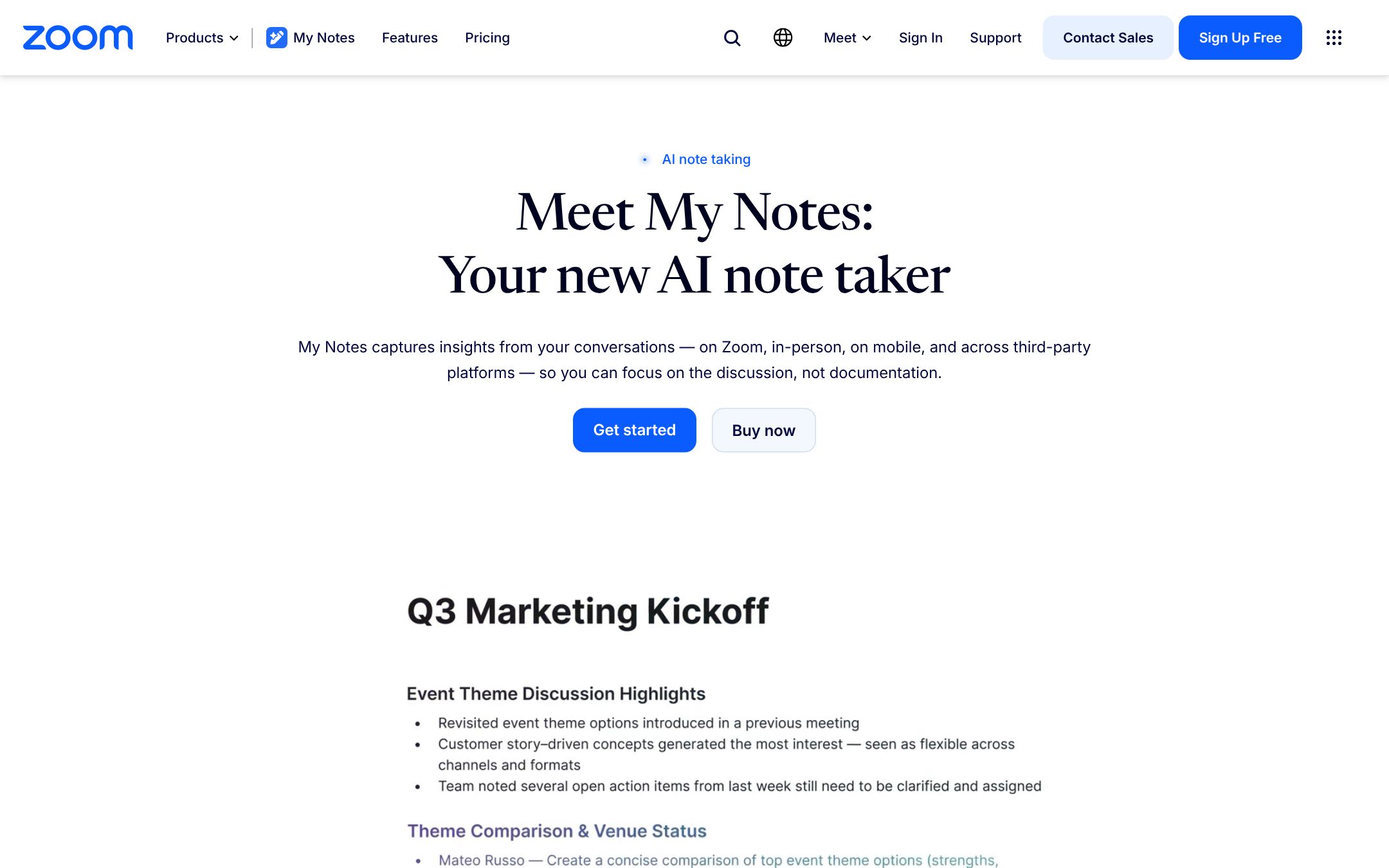Zoom's My Notes page: AI notes for a Q3 marketing kickoff with highlights and a task given to a person