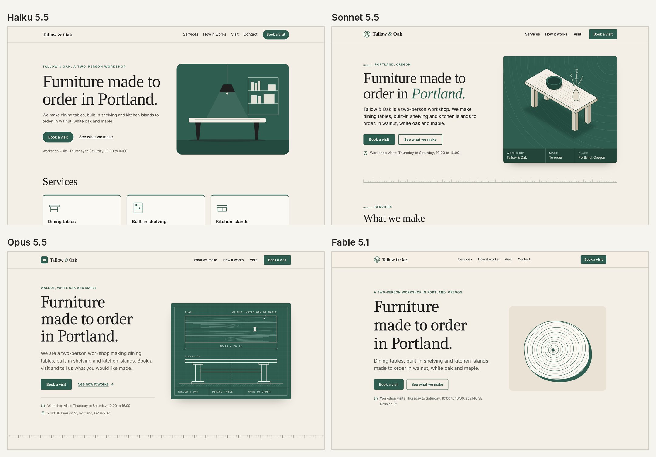 The first screen of four home pages for a furniture workshop, side by side: each has the headline Furniture made to order in Portland, a Book a visit button and a drawing, in dark green and cream