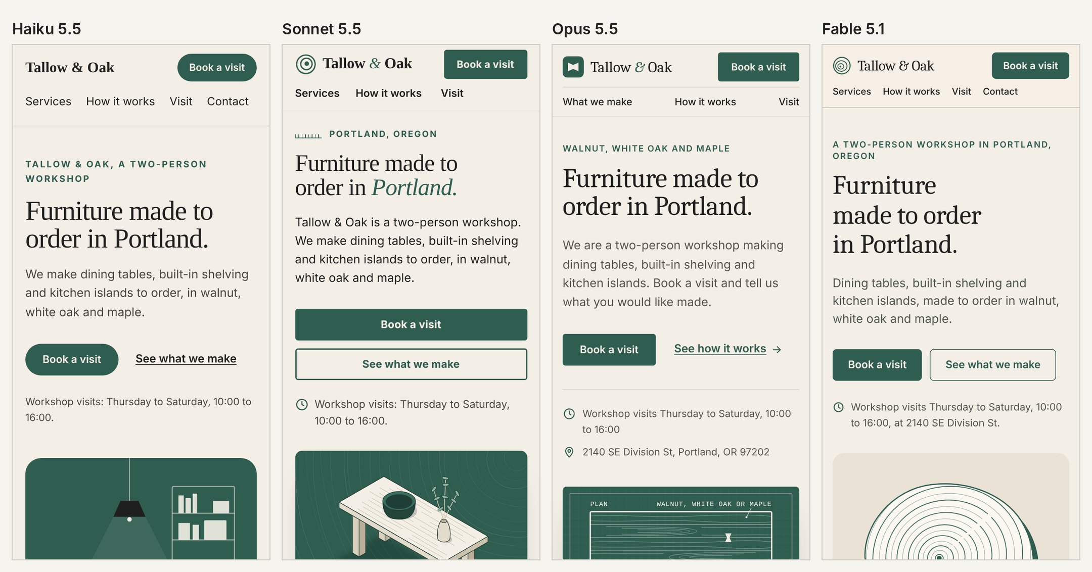 The same four home pages on a phone, side by side: each stacks the headline, text and buttons in one column with the menu on a second row