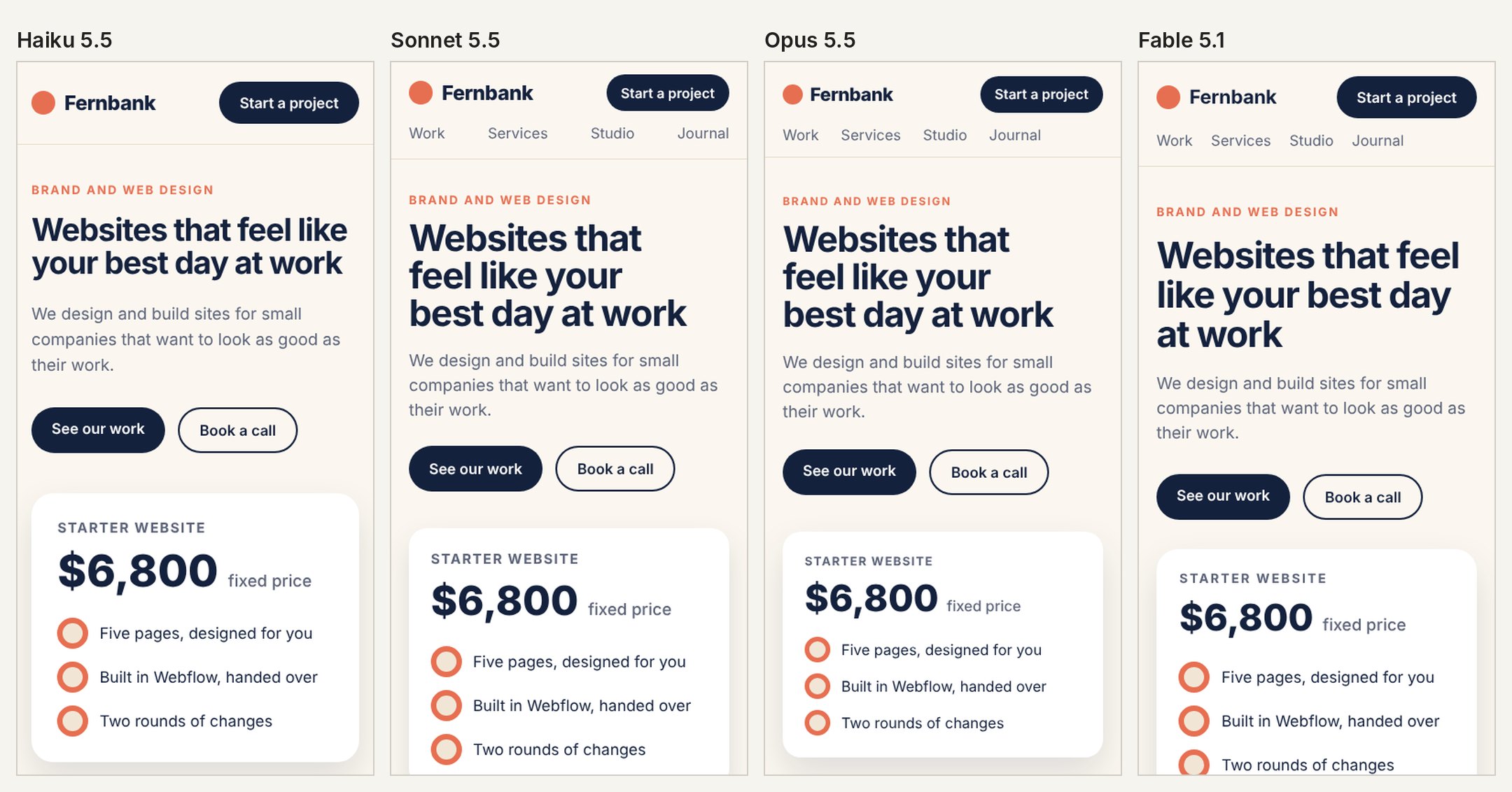 The four rebuilt pages on a phone: Haiku's header shows only the logo and a button, the other three show the menu links on a second row