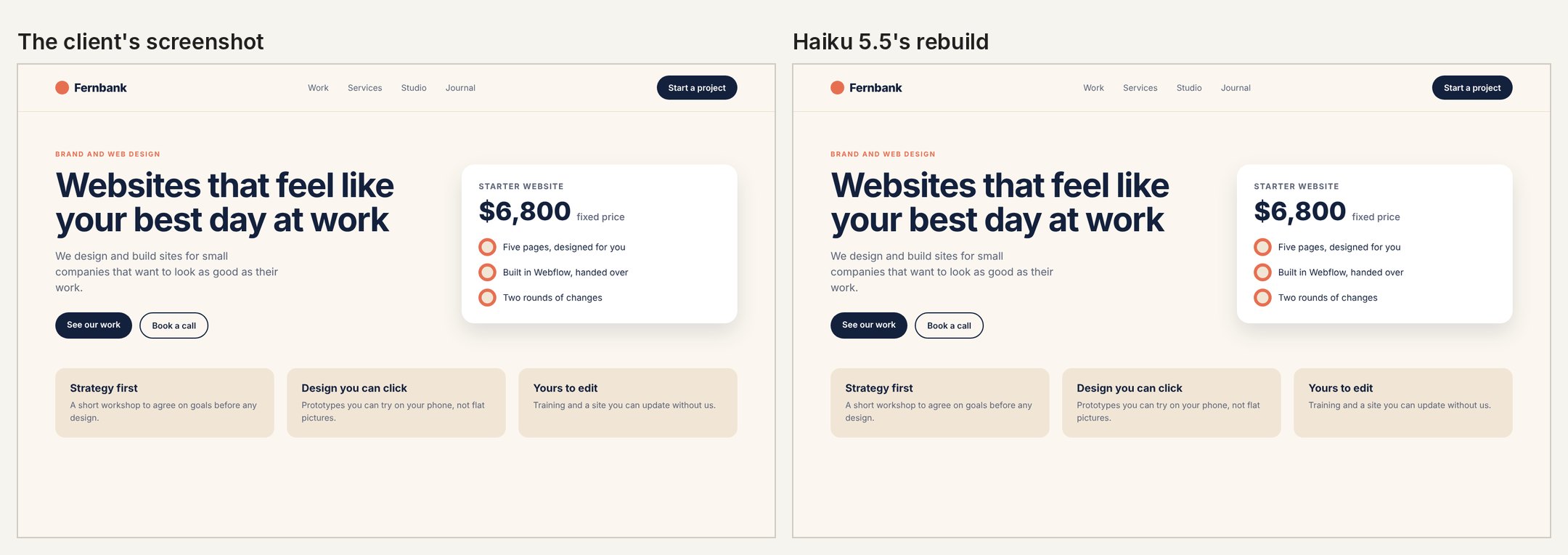 Left, the client's screenshot of a studio page with a navy headline and a price card; right, Haiku's rebuild, which looks the same