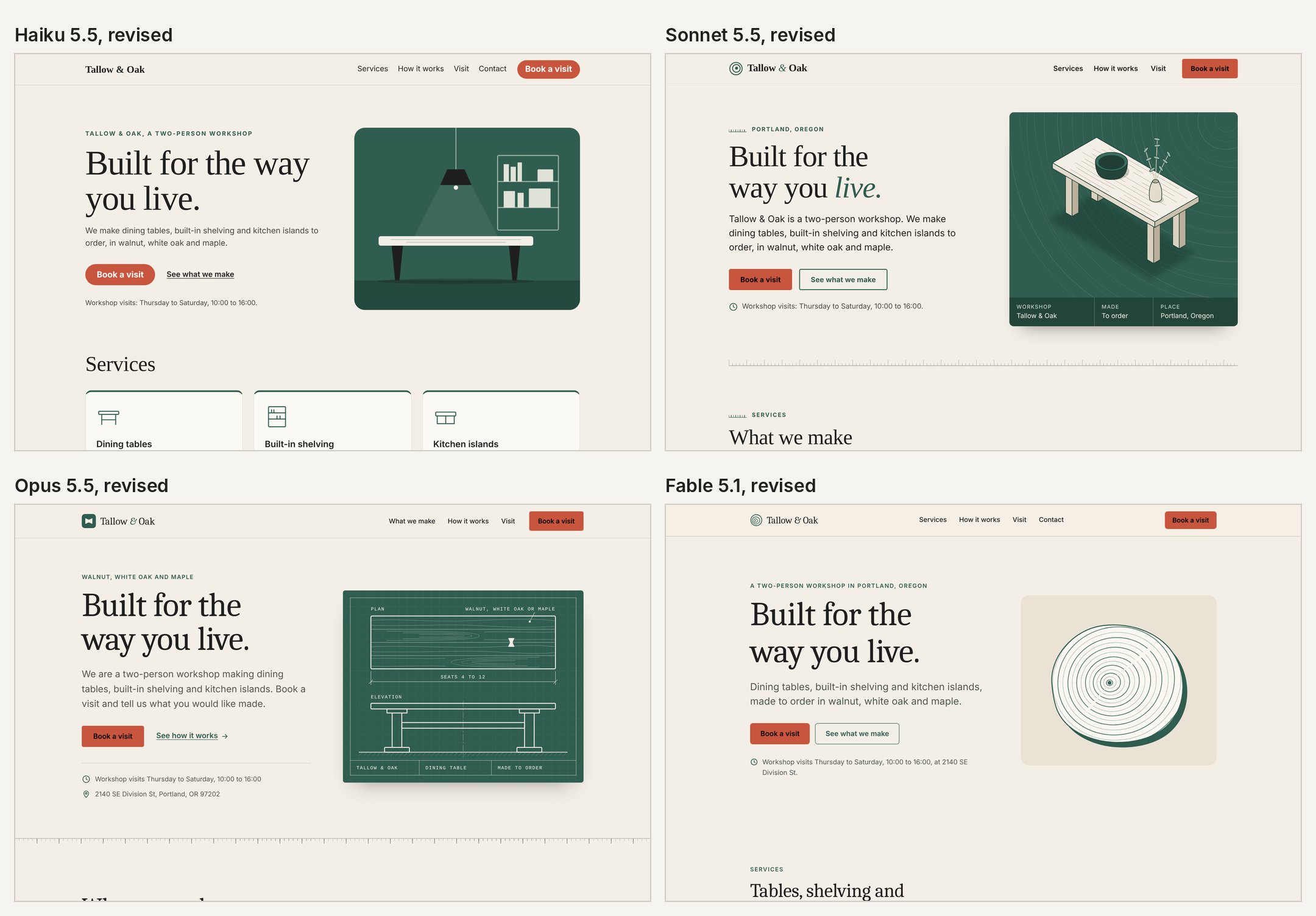 The four pages after the client's notes: the headline now reads Built for the way you live, and the Book a visit buttons are a rust colour