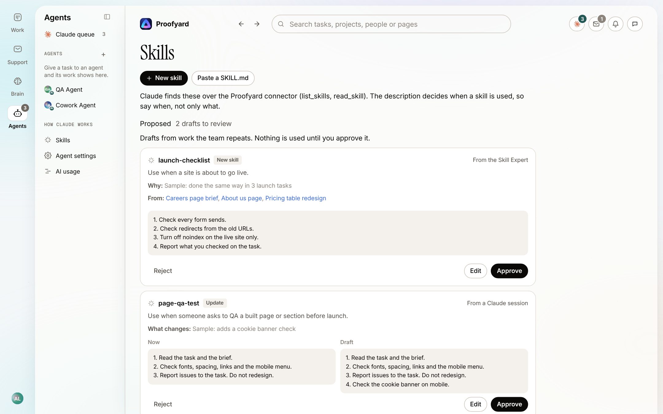 The Skills page with two drafts to review: a new launch checklist skill from repeated work, and an update to the page QA test shown as Now and Draft side by side, each with Reject, Edit and Approve