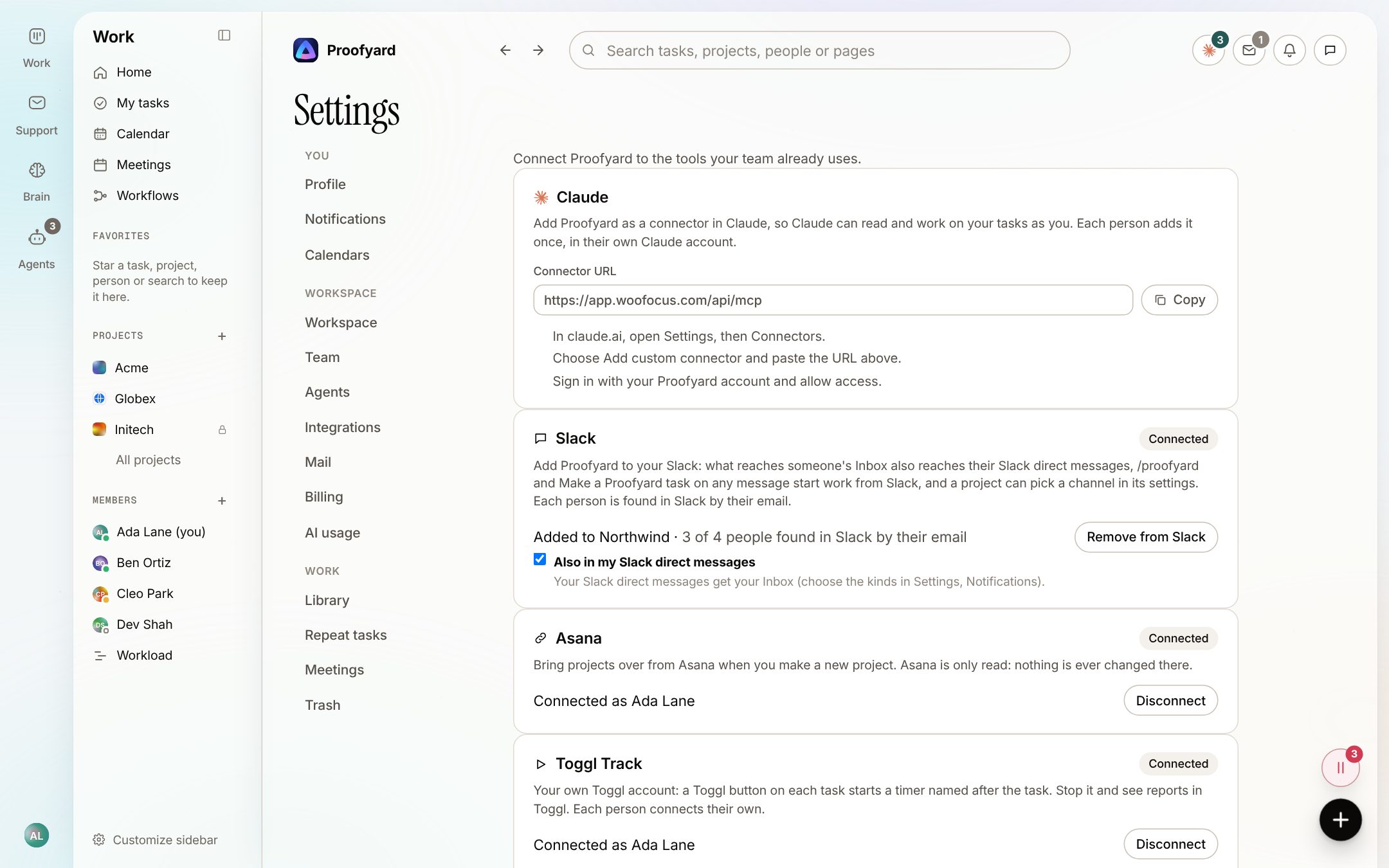 Integration settings with the connector URL to add Proofyard to Claude, plus Asana and Google Drive