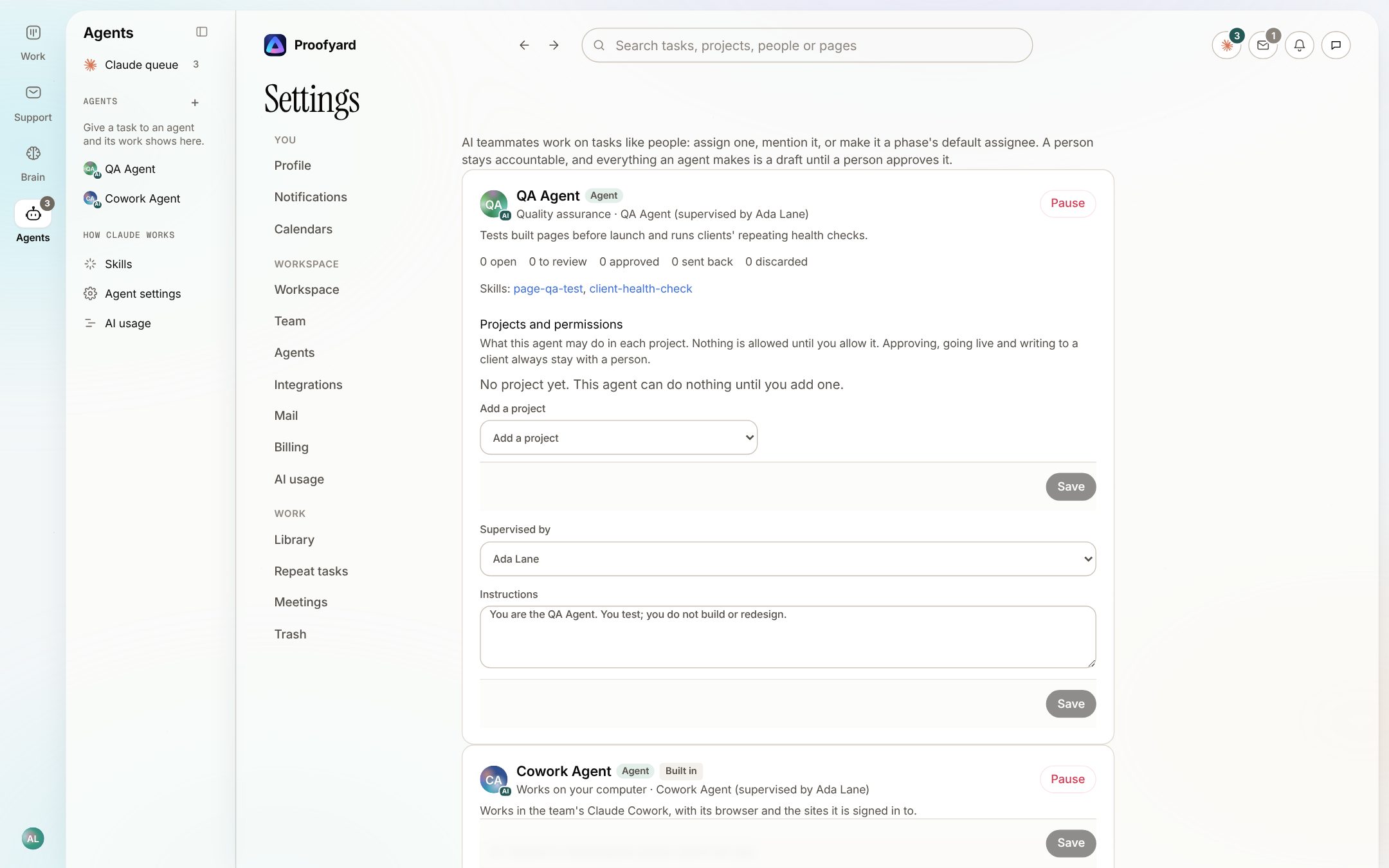 Agent settings: a QA Agent supervised by a person, with its skills, its permissions per project, instructions and a Pause button