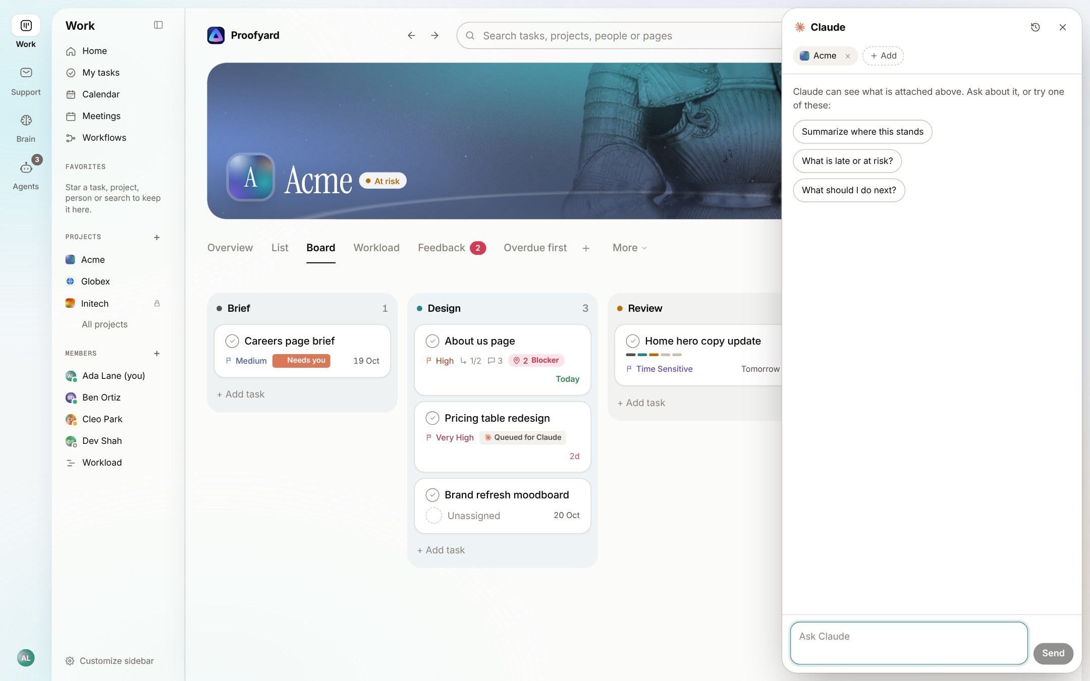 The Ask Claude panel open beside a project board, with the Acme project attached and three suggested questions