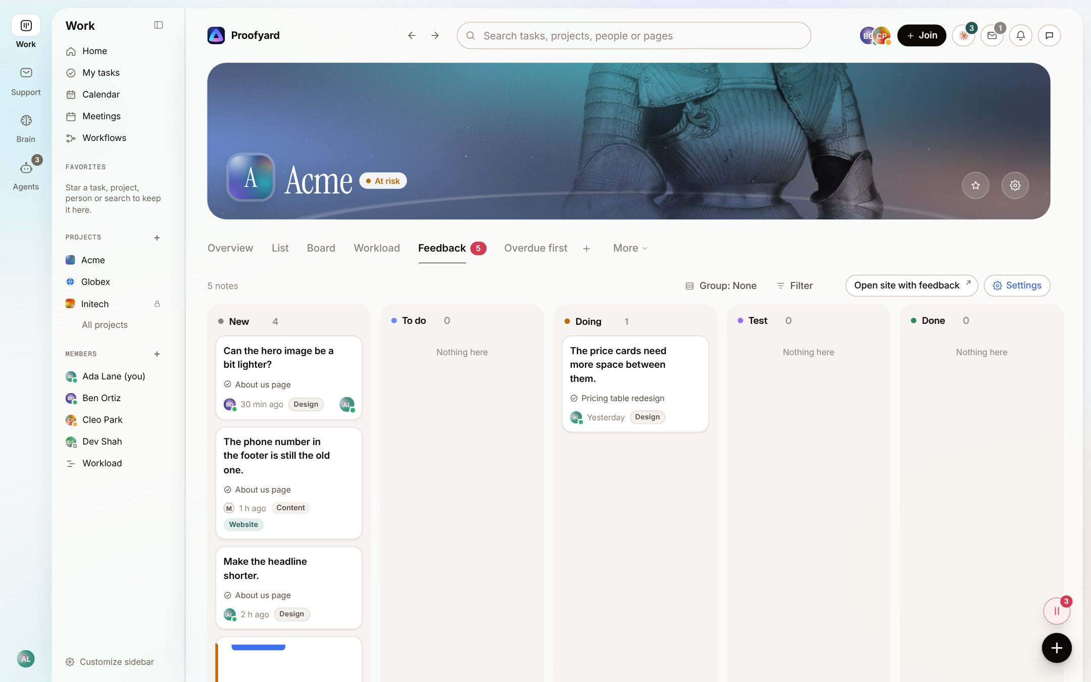 The project's Feedback tab: notes from the website in the columns New, To do, Doing, Test and Done