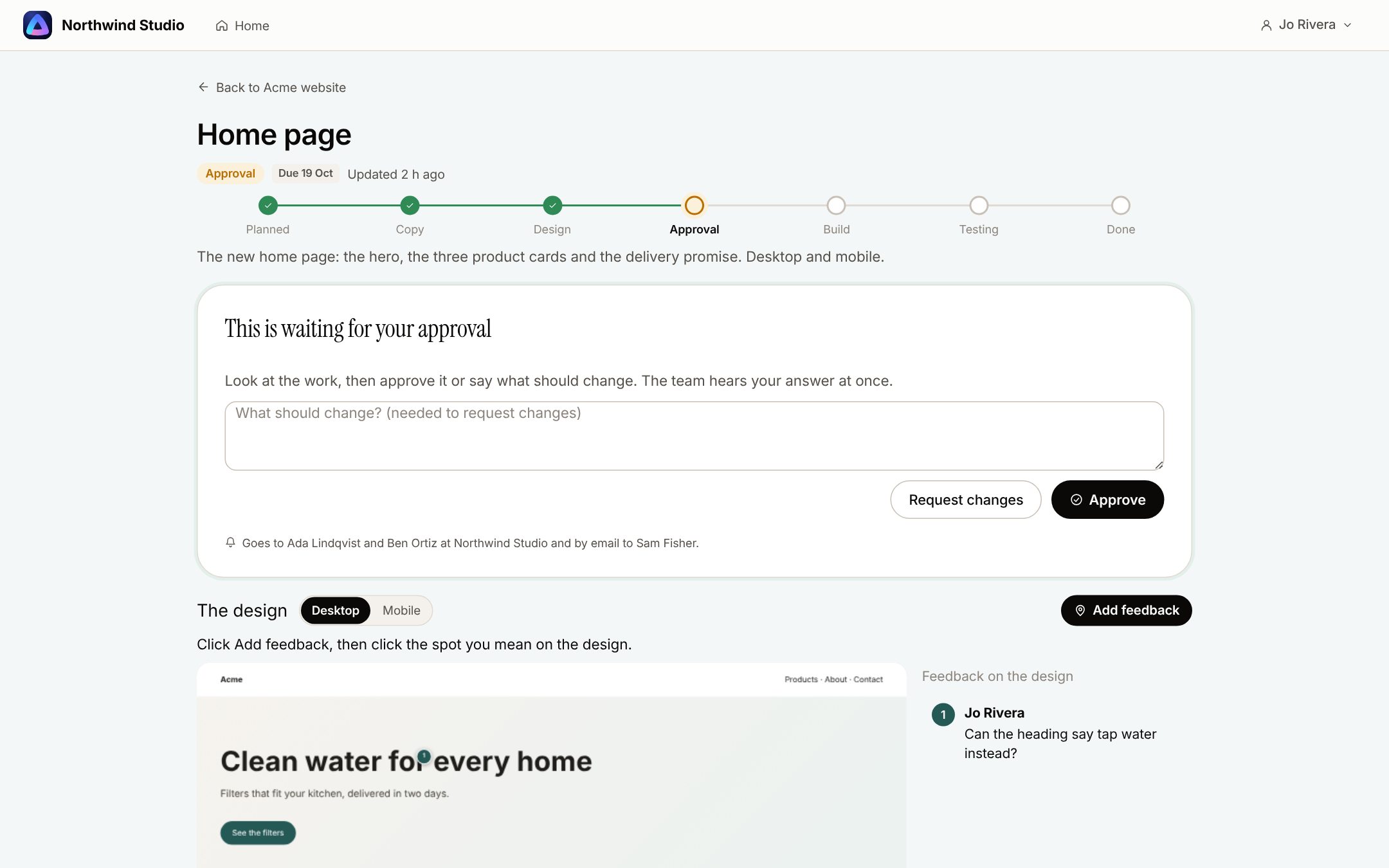 A home page waiting for the client's approval, with Request changes and Approve above the design