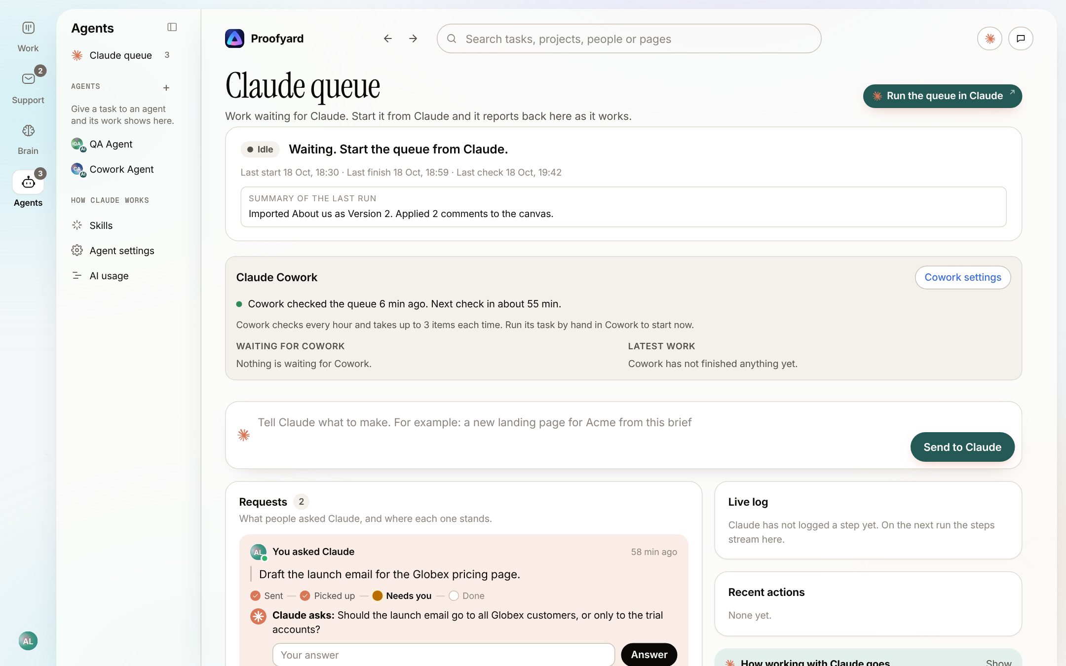 The Claude queue: Cowork checked the queue a few minutes ago, a box to tell Claude what to make, and a request where Claude asks a person a question