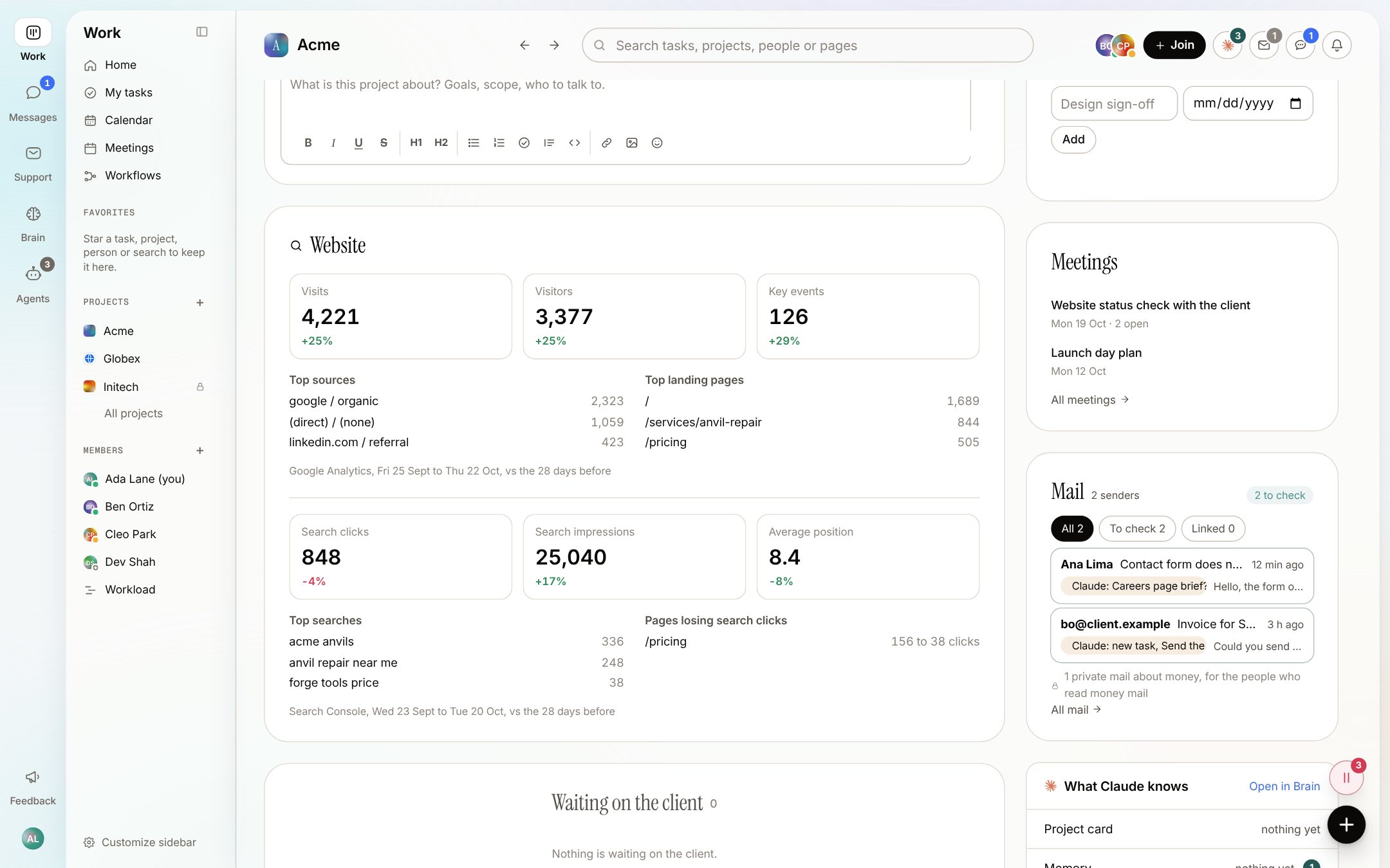 The Website card on the Acme project's Overview with visits, visitors, key events, search clicks, impressions and average position, top sources and landing pages, top searches and /pricing losing search clicks (sample numbers)