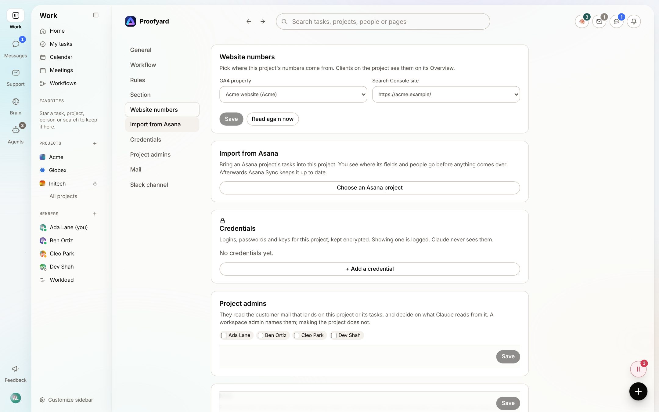 Project settings open at Website numbers, with Acme website picked as the GA4 property, https://acme.example/ as the Search Console site, and the Save and Read again now buttons (sample data)