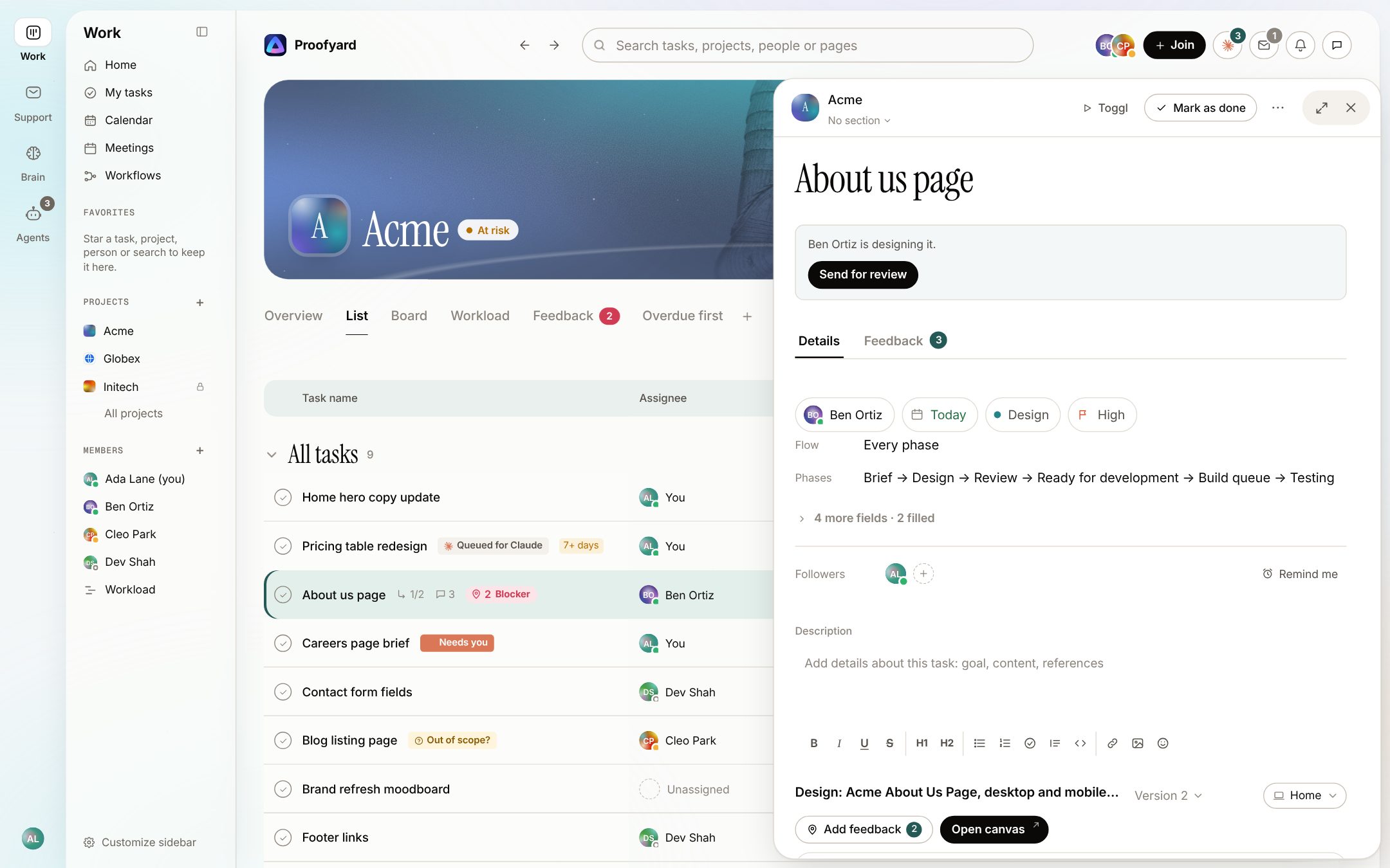 The About us page task open in a drawer beside the list: Ben Ortiz is designing it, Send for review, its fields, followers, description and the design's version