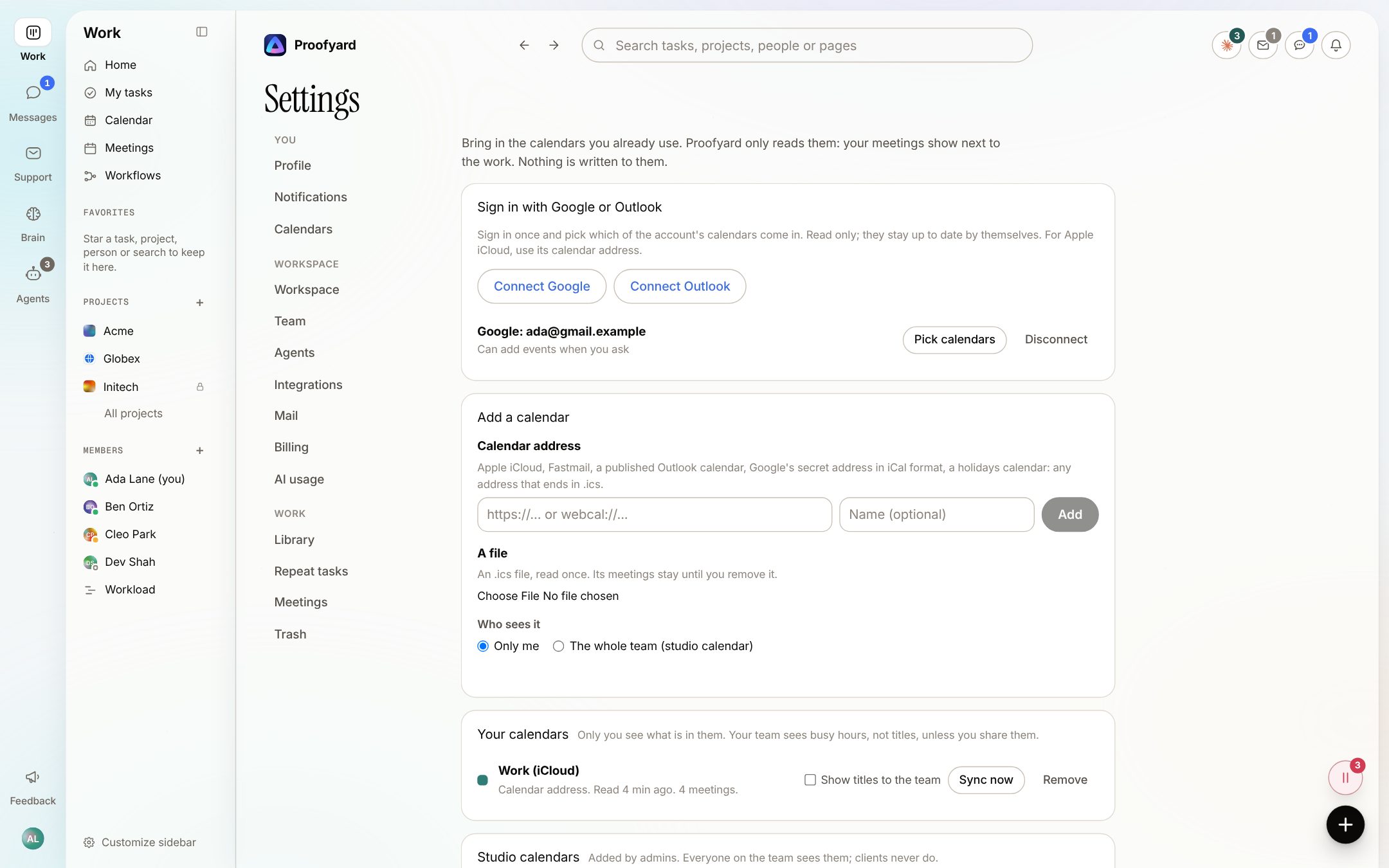 Settings, Calendars with Connect Google and Connect Outlook, a connected Google account, the form to add a calendar address or an .ics file, and a work calendar with Show titles to the team unticked (sample data)