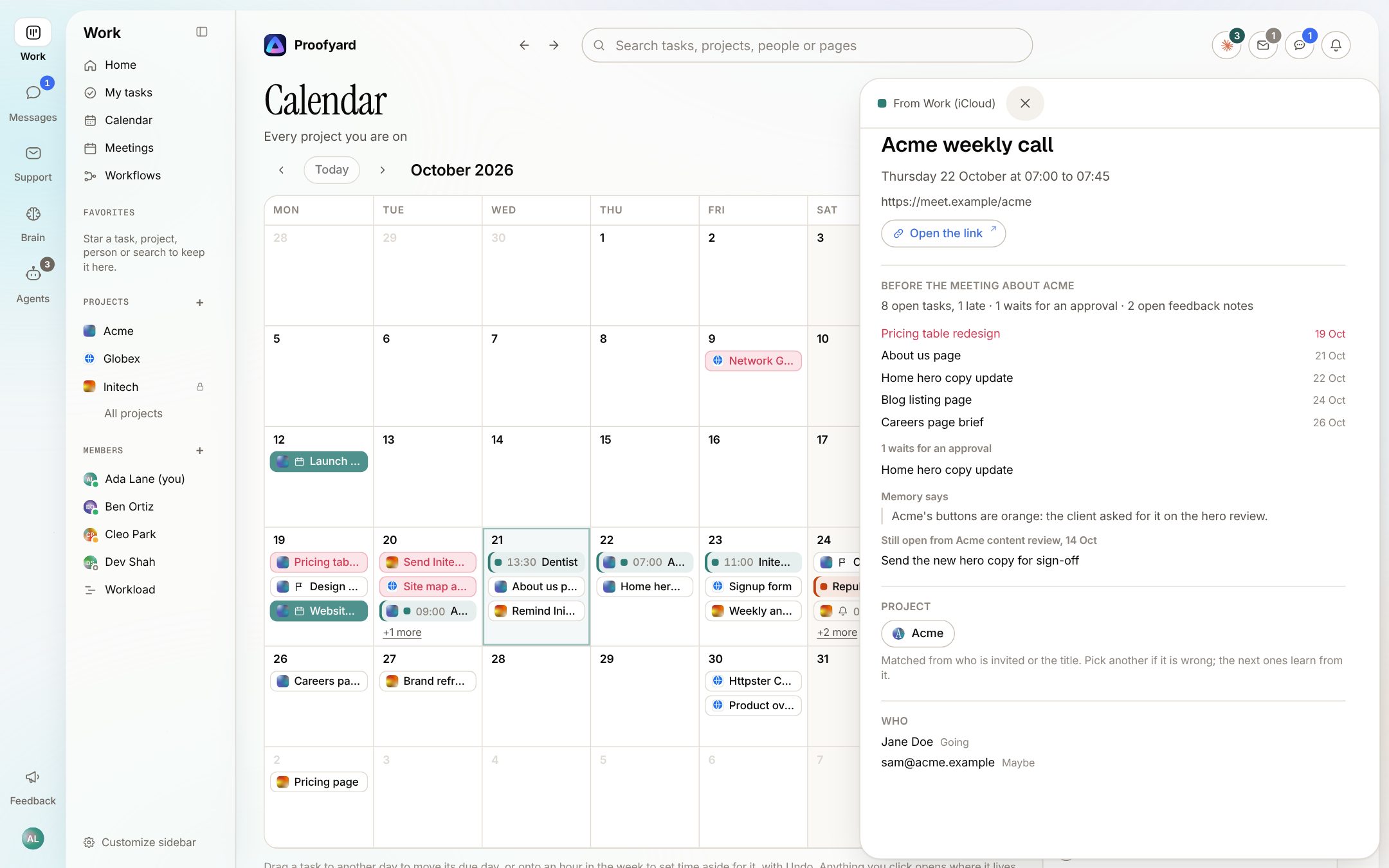 The Acme weekly call open in the side drawer: 8 open tasks with 1 late, 1 waiting for an approval, 2 open feedback notes, a line from memory, what is still open from the last meeting, the matched project and who is invited (sample data)