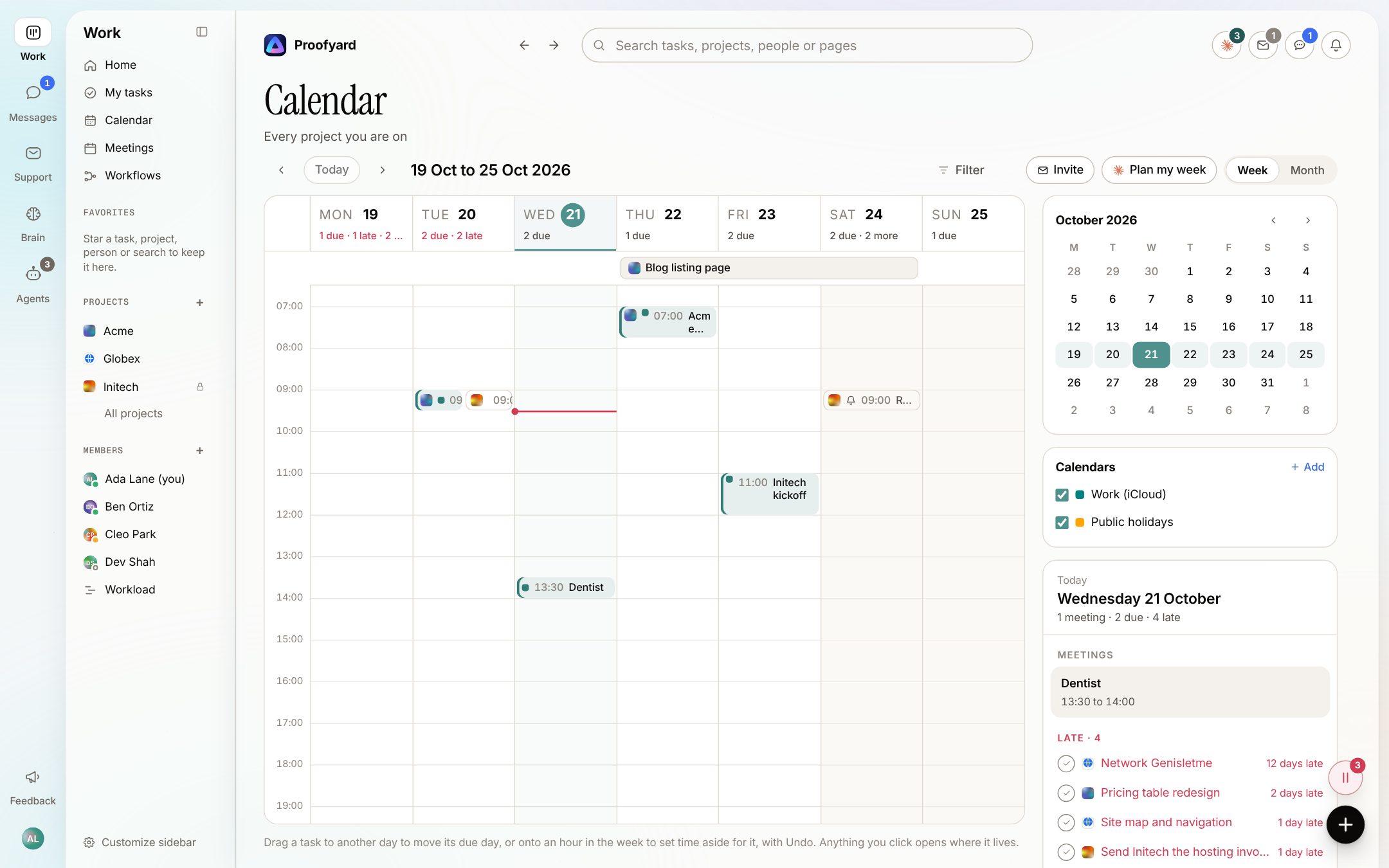 The calendar's week from 19 to 25 October with meetings at their hours, due and late counts on each day, and the day panel on the right with a small month, the calendar list, meetings and late tasks (sample data)
