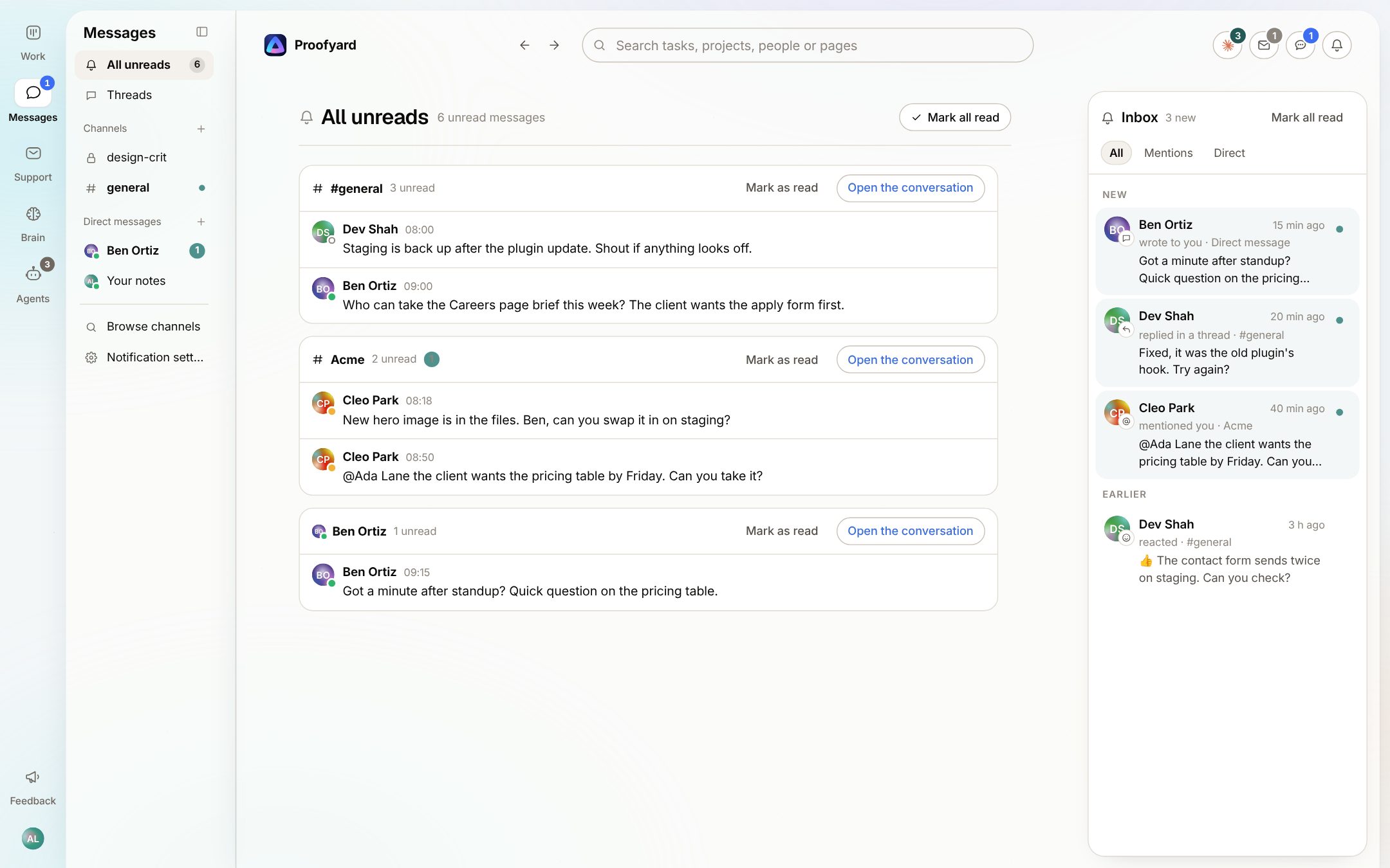 All unreads with new messages in #general, the Acme project channel and a direct message from Ben Ortiz, each with Mark as read and Open the conversation, and the Inbox for messages beside it