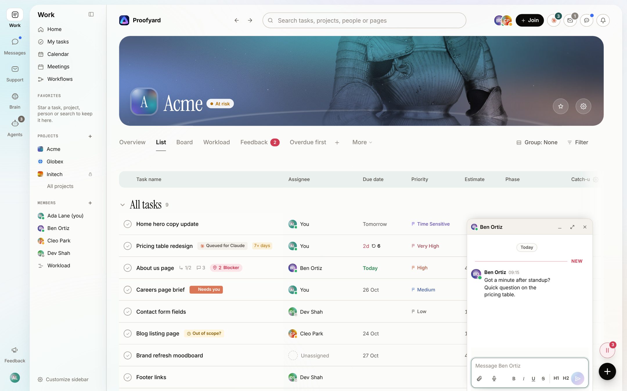 The Acme project's task list with a small chat window open at the bottom right, showing a new direct message from Ben Ortiz and the box to reply