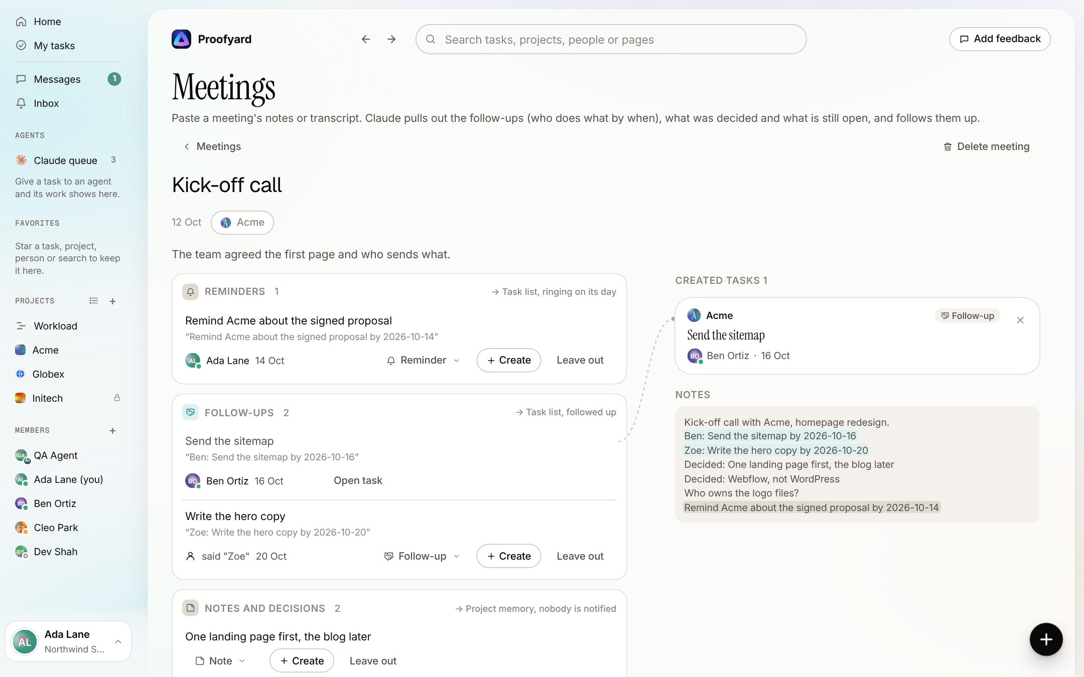 A read meeting: a reminder and two follow-ups with owners and dates, each with Create and Leave out; the sitemap follow-up is already a task card on the right, tied to its line by a thin curve