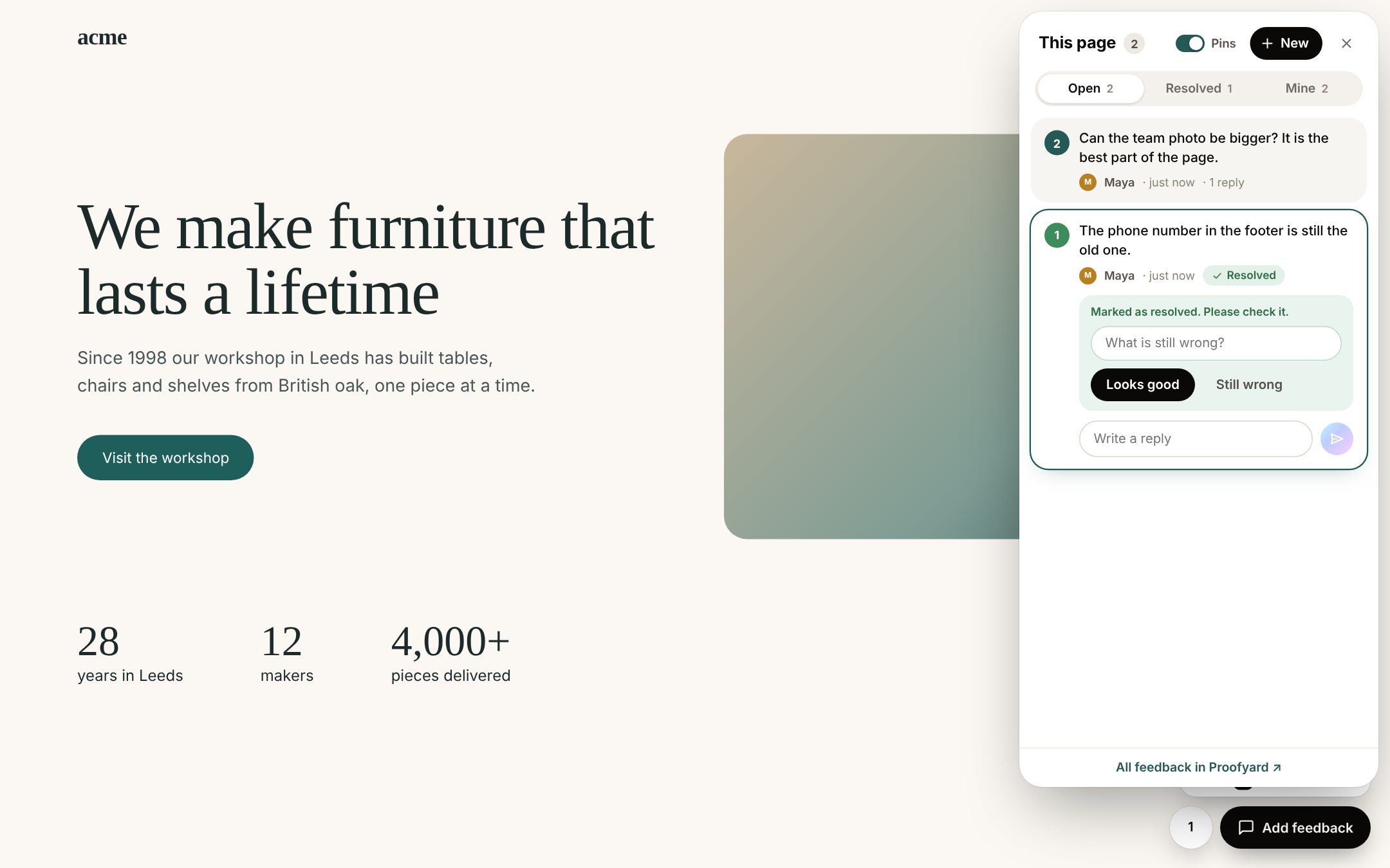 The feedback list on a sample client site, a resolved note asking the client to check it