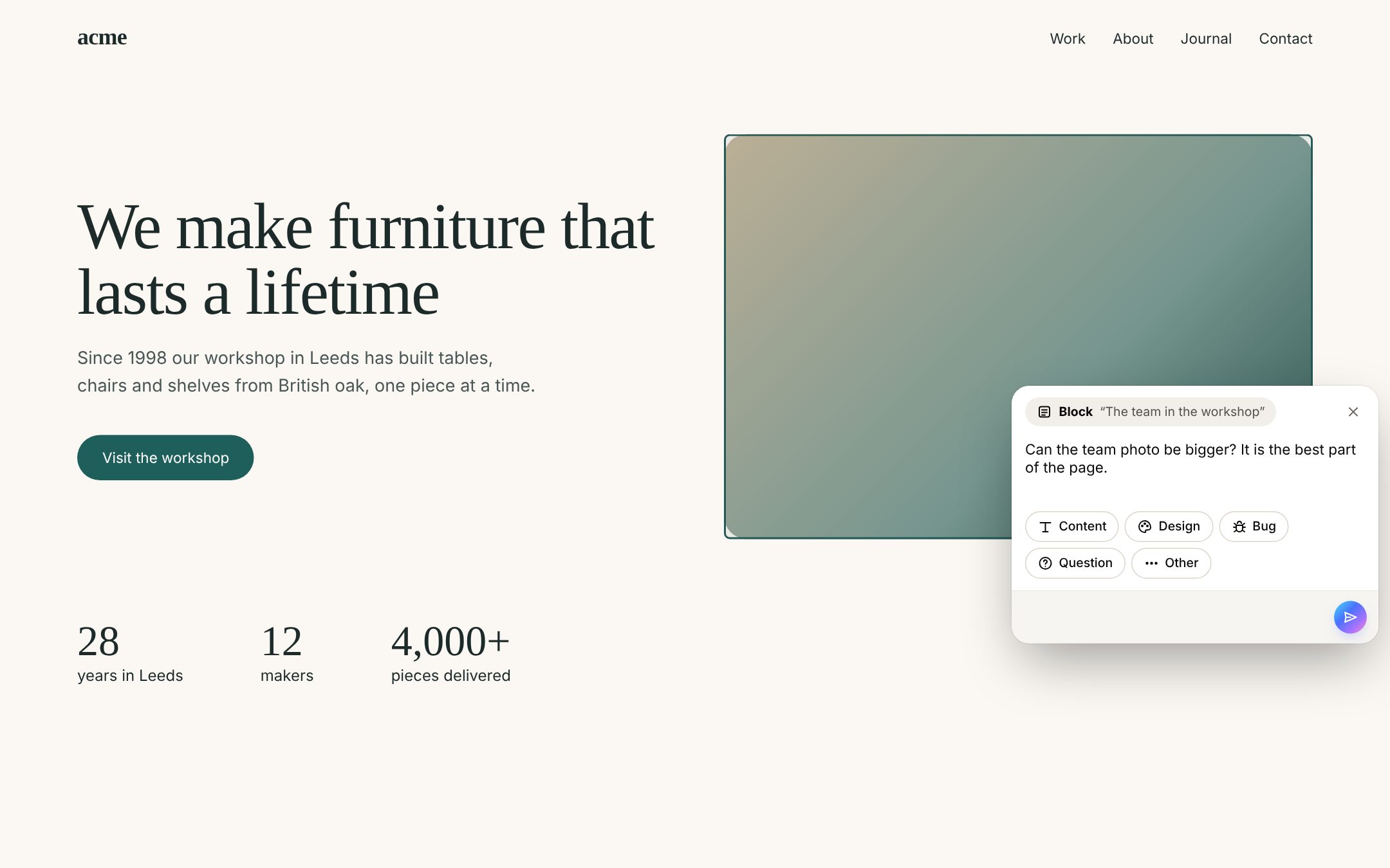 A sample client website with the feedback card open on the team photo: the note asks for a bigger photo, with Content, Design, Bug, Question and Other to pick from
