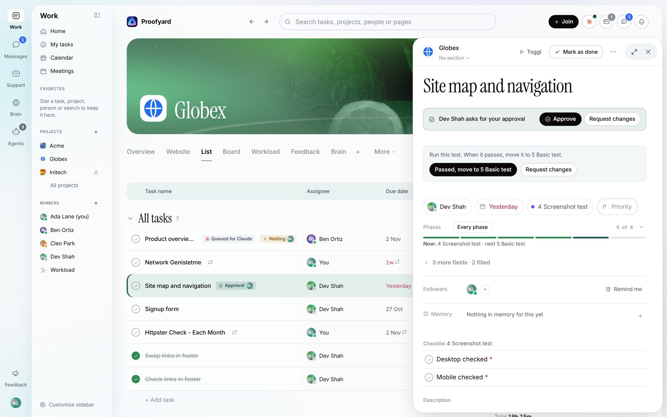 A task open in the side drawer: Dev Shah asks for your approval, with Approve and Request changes, and the task's row in the list showing an Approval chip (sample data)