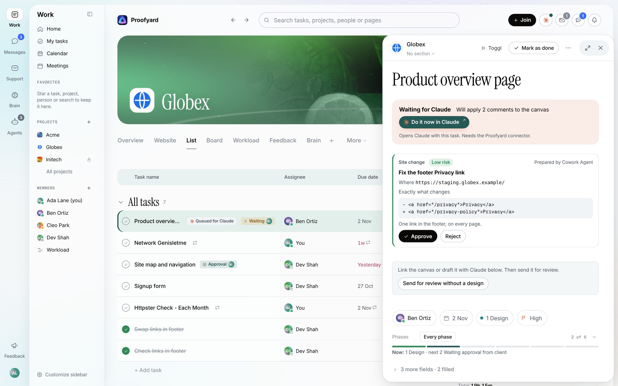 A site change prepared by the Cowork Agent on a task: fix the footer Privacy link on the staging site, the exact lines that change, Low risk, and Approve and Reject (sample data)