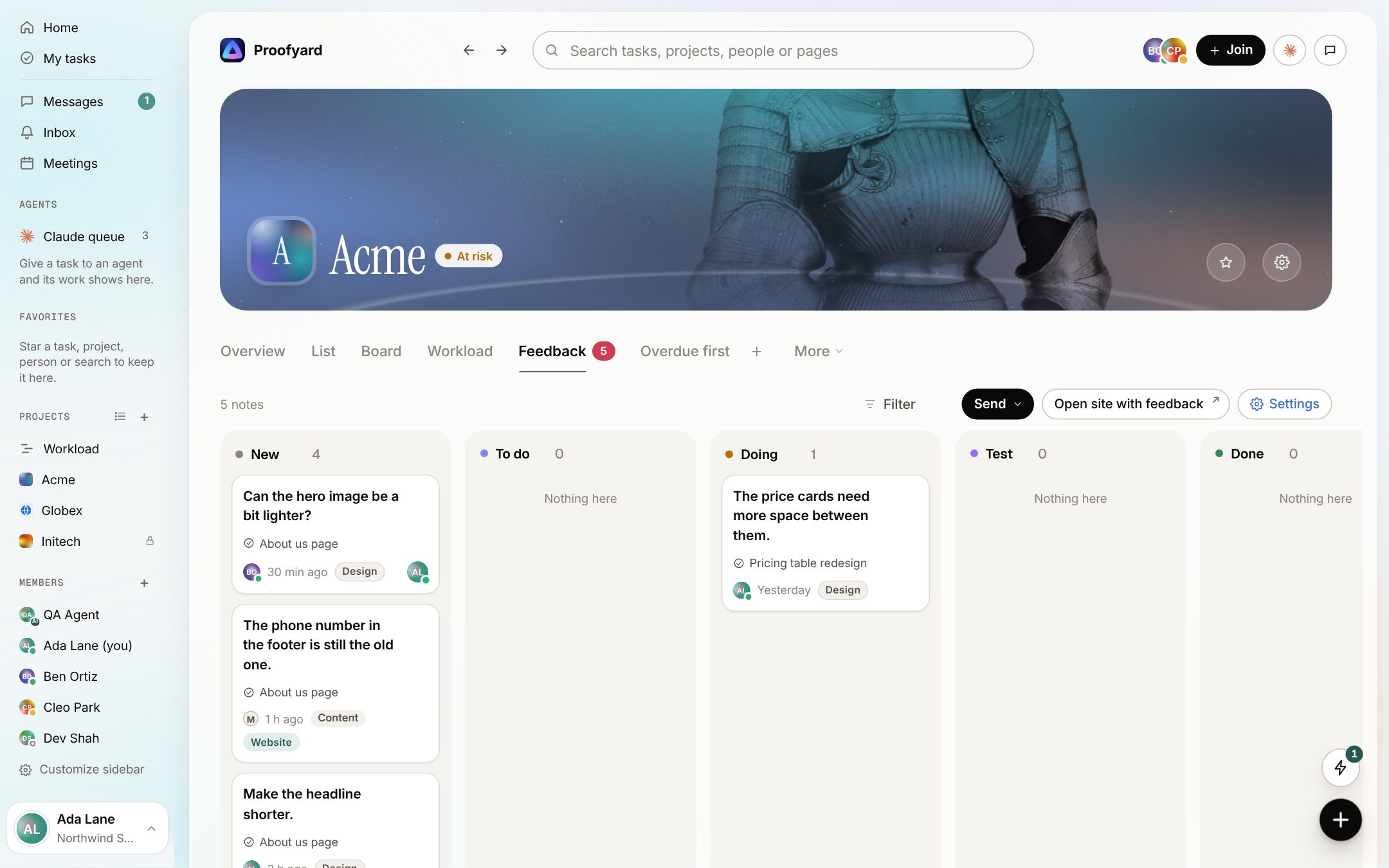 The Acme project's Feedback board with design and website notes in the New and Doing columns, and Send, Open site with feedback and Settings above