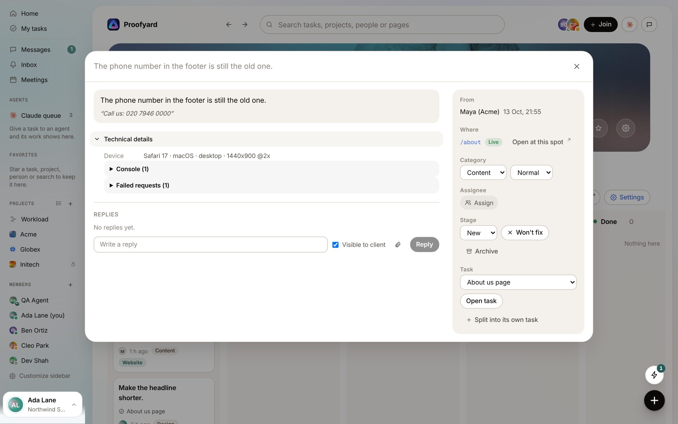 A website note in Proofyard from Maya at Acme: the old phone number in the footer, with the device (Safari 17, macOS, 1440x900), one console error, one failed request and a reply box marked Visible to client