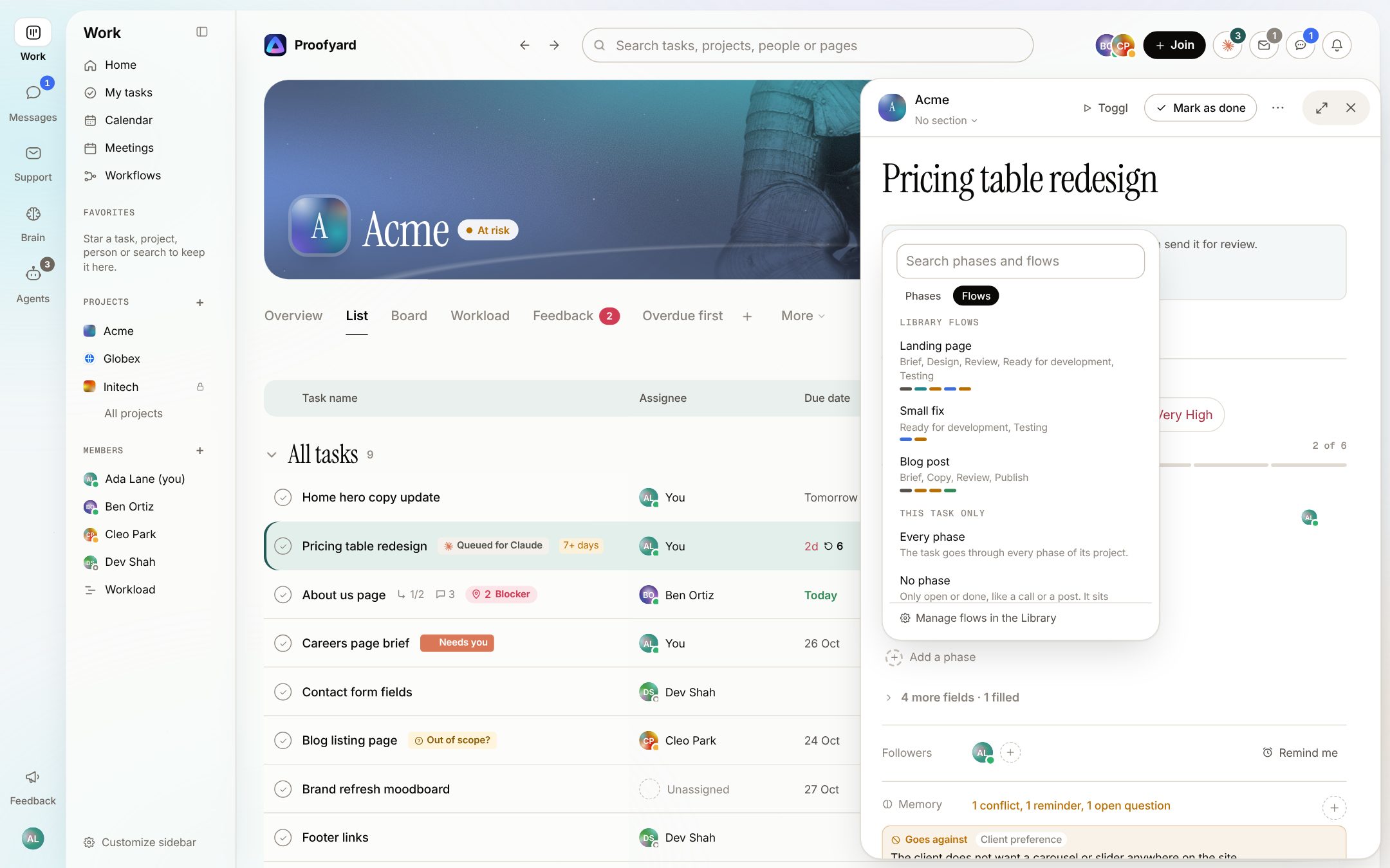 A task's Add a phase picker on its Flows tab, listing three library flows (Landing page, Small fix, Blog post) with their phases, then Every phase and No phase for this task only