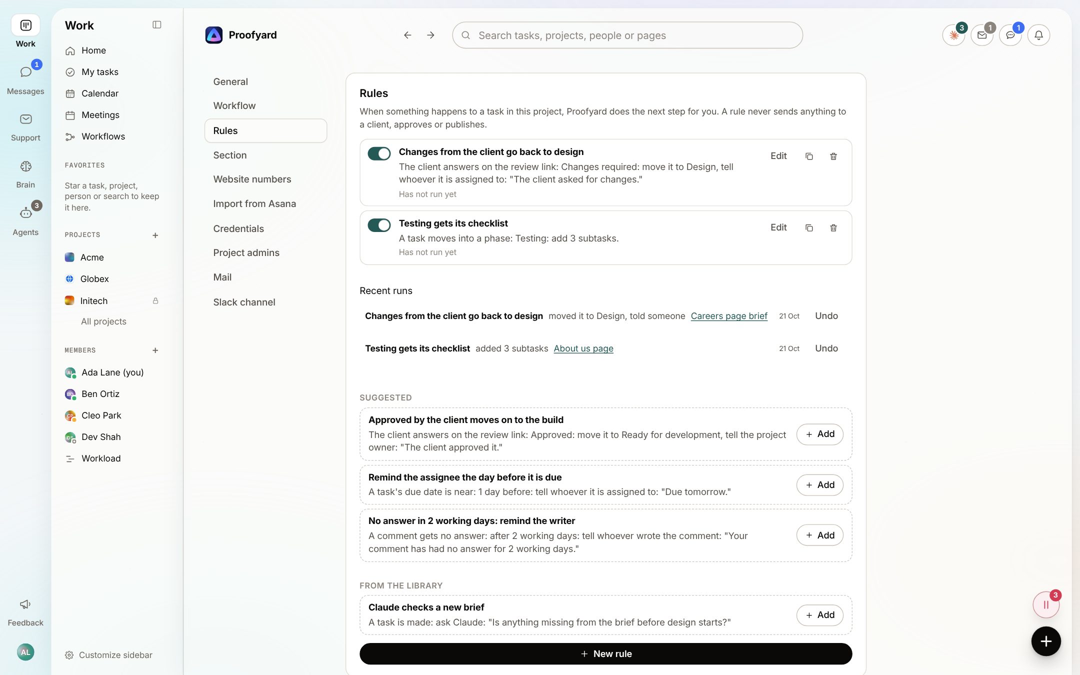 A project's Rules settings with two rules switched on, Recent runs with Undo on each line, three suggested rules and one rule from the workspace library