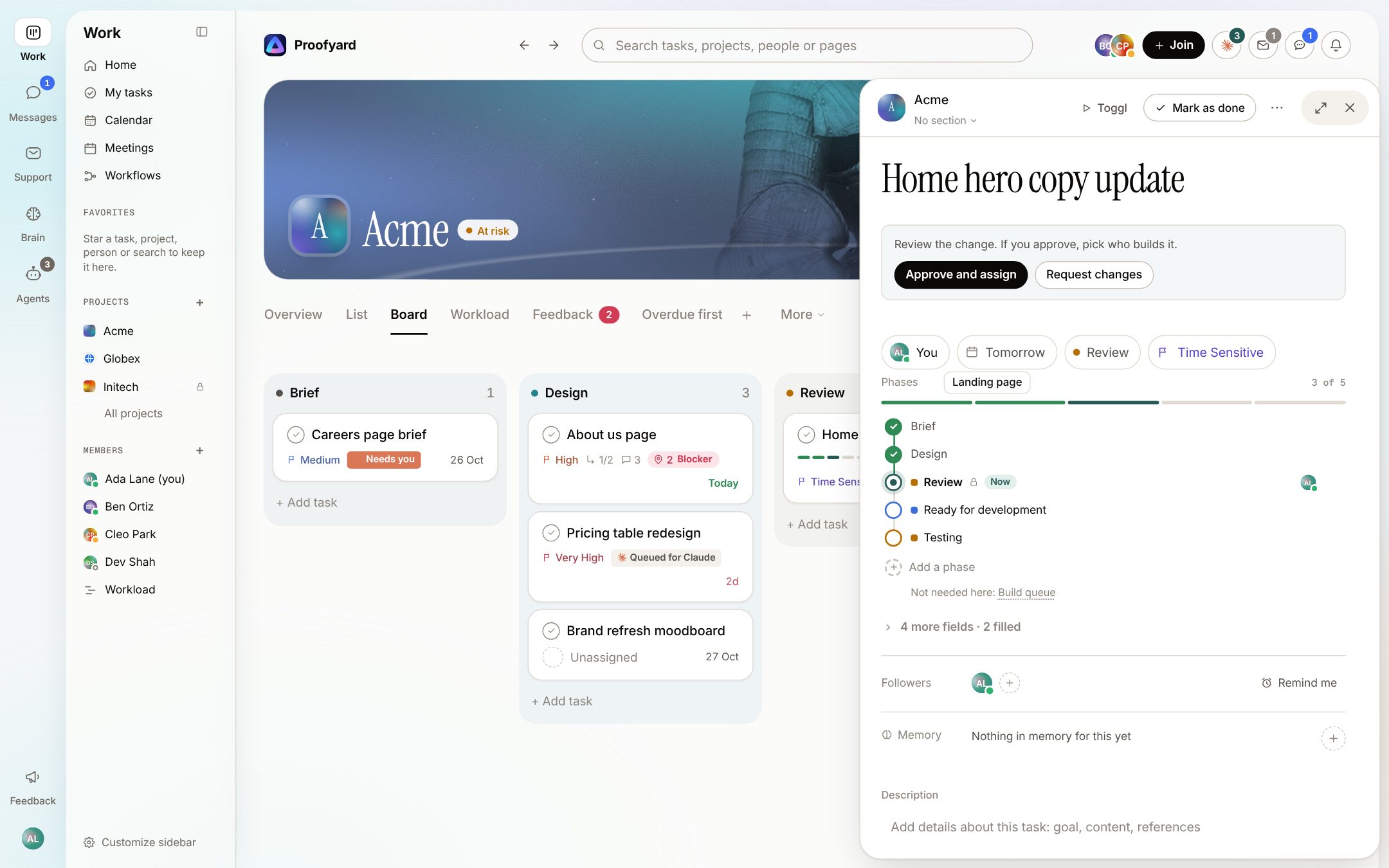The Home hero copy update task on the Landing page flow: Brief and Design ticked, Review marked Now with a lock, Ready for development and Testing ahead, Add a phase, and Build queue listed as not needed here