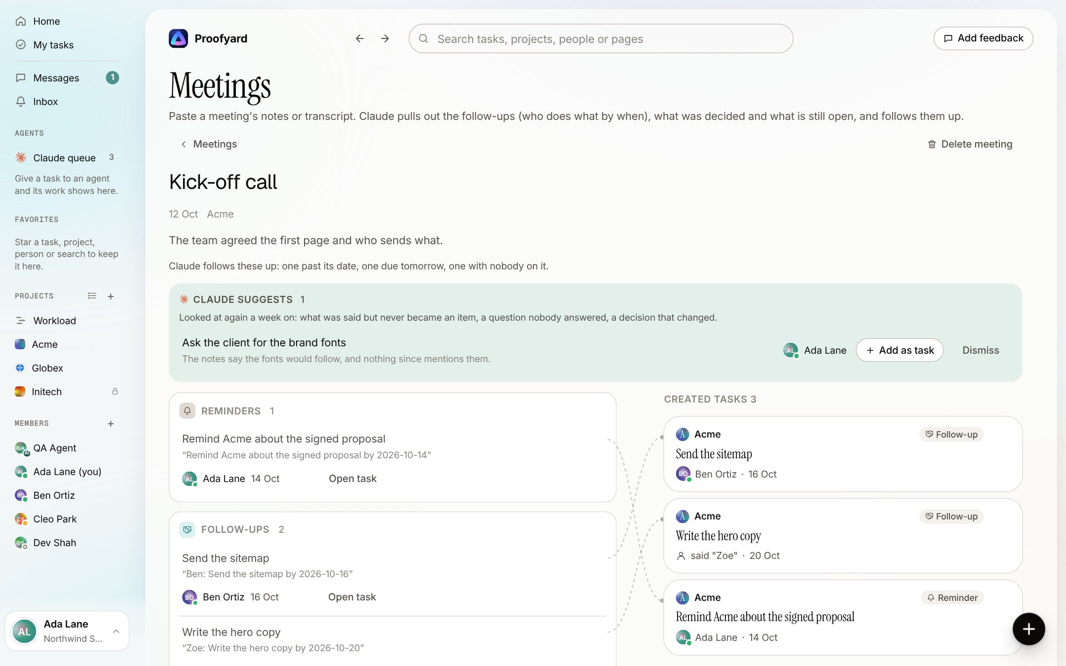 A meeting after its tasks were created: task cards tied to the lines they came from, and a suggestion from Claude for something the notes mentioned
