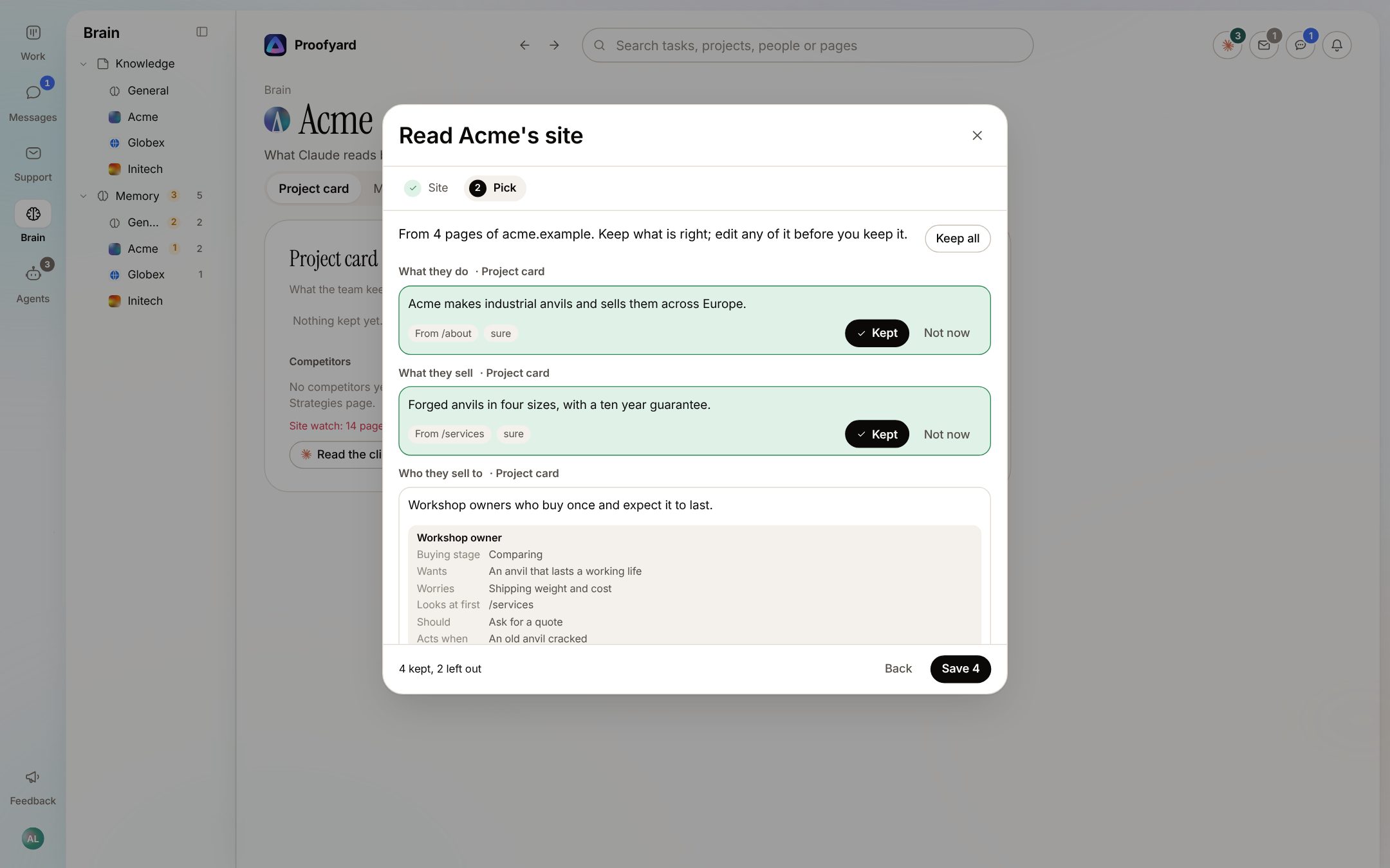 Read Acme's site, the Pick step: what Acme does and sells, kept, each from a named page, and a workshop owner persona with buying stage, wants, worries and what they should do