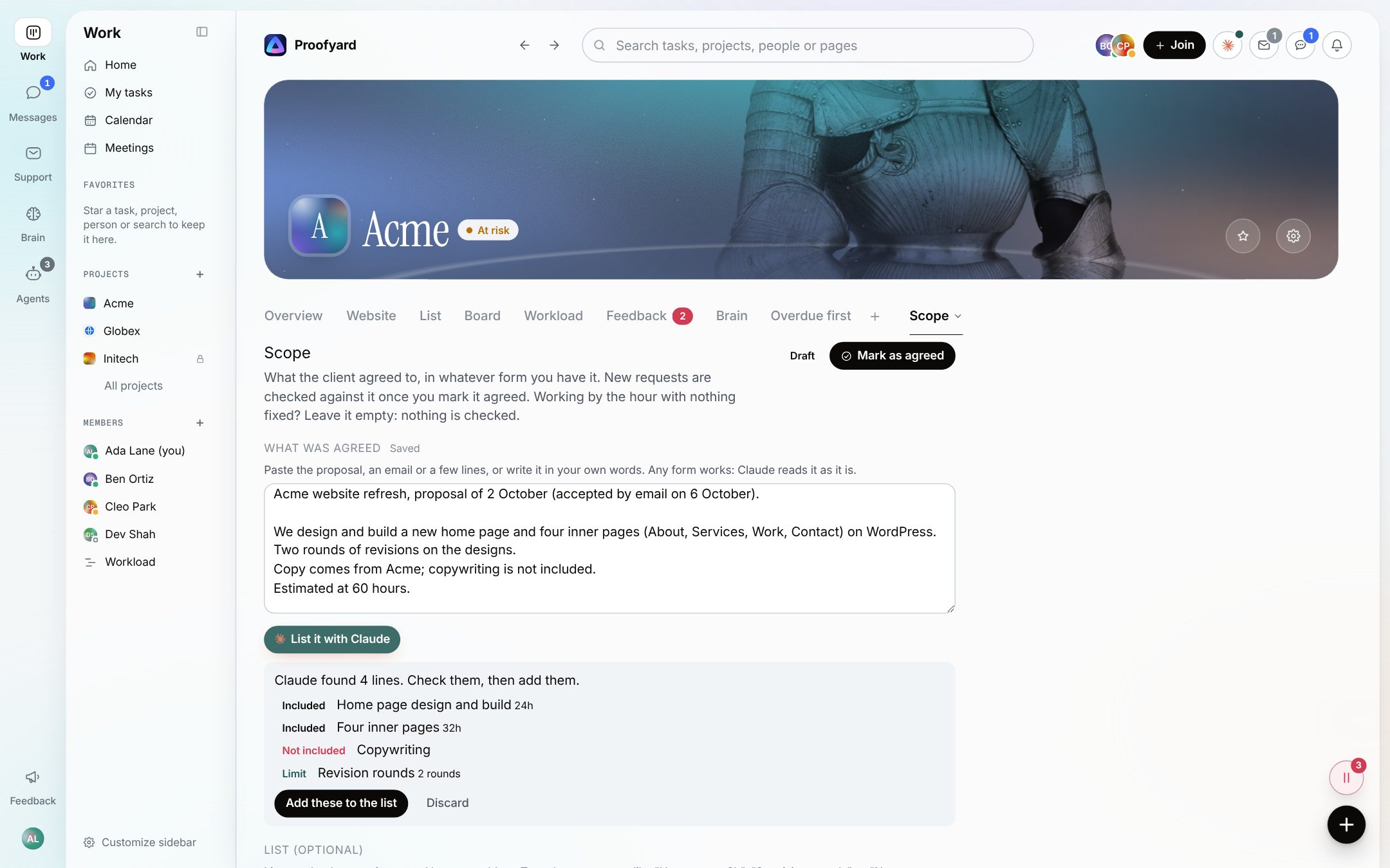 The Scope tab of the Acme project: the accepted proposal pasted under What was agreed, and the four lines Claude found below it (two included pages with hours, copywriting not included, a limit of two revision rounds) with Add these to the list and Discard (sample data)