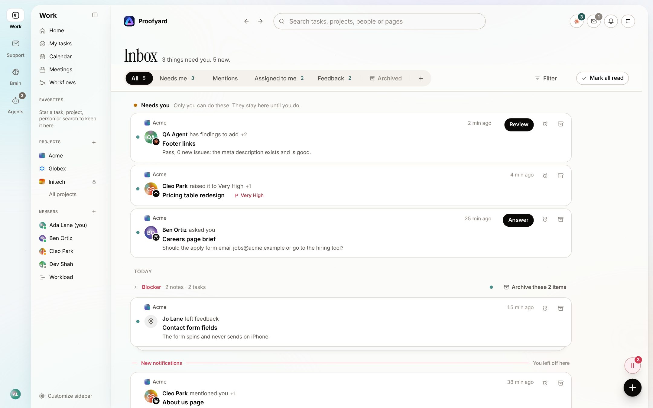 The Inbox with a Blocker stack of two feedback notes and its Archive these 2 items button, then a draft to review and a question from Ben Ortiz
