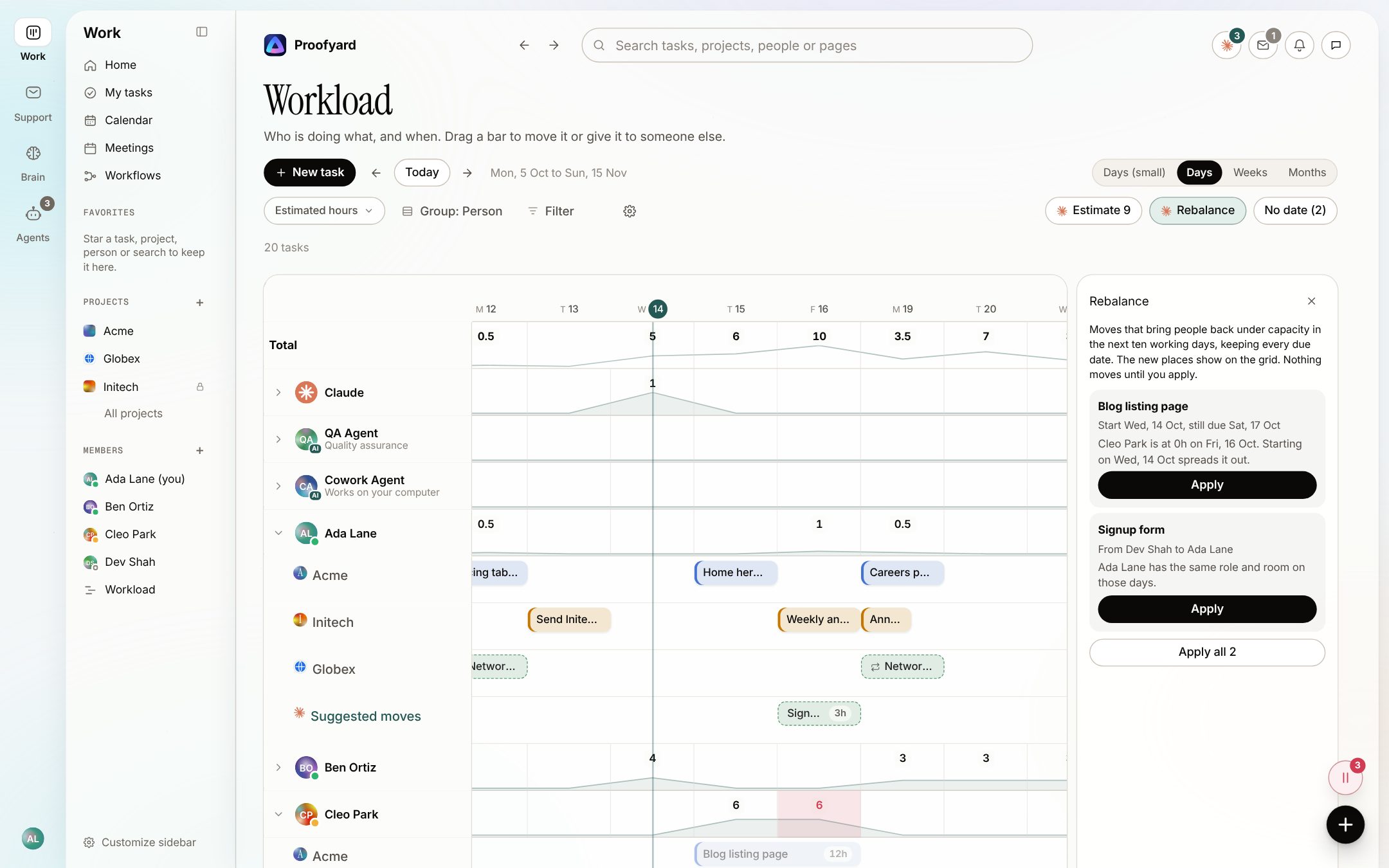 The workload grid with the Rebalance panel open: two proposed moves, each with its reason and an Apply button, and Apply all 2